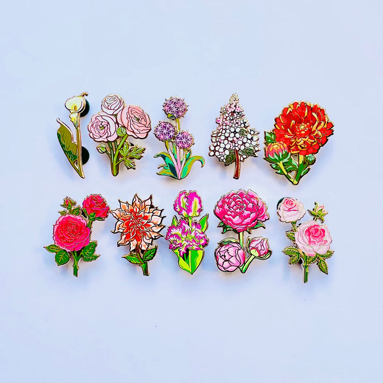 Flowers rose dahlia calla Lily peony hydrangea allium chrysanthemum tulip ranunculus buttercup Gold hard enamel lapel pin enamel