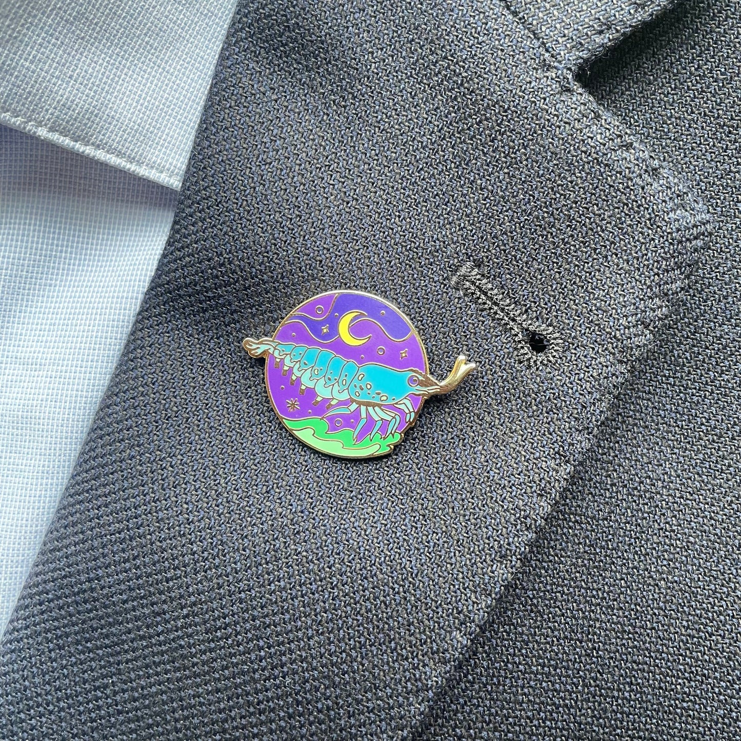 Blue Shrimp Enamel Pin badge, sea witch creatures badge, prawn, lunar sea, cosmic, gift for her, nautical gift, nature, marine, neon
