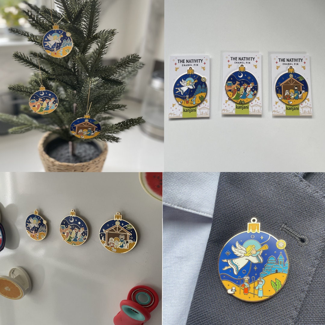 Nativity enamel keychain, ornament, bauble, fridge magnet, Mary, Joseph, Jesus, wise men, magi, angel, shepherds, Christmas, Tree, Bethlehem