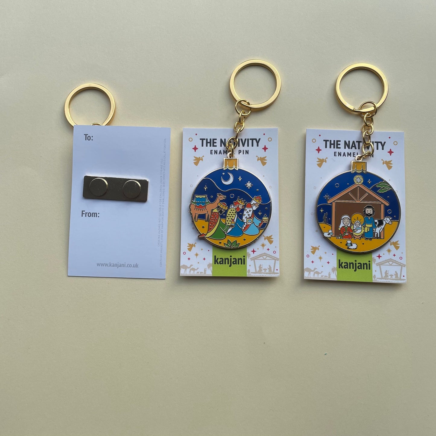 Nativity enamel keychain, ornament, bauble, fridge magnet, Mary, Joseph, Jesus, wise men, magi, angel, shepherds, Christmas, Tree, Bethlehem
