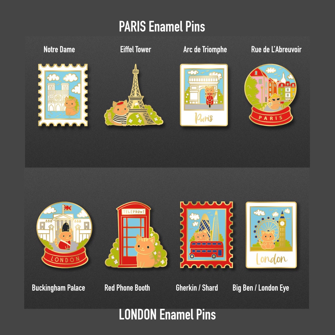 London and Paris Enamel pins | Pippi’s Holiday Vacation Pins | London Brooch | Paris pin | Eiffel Tower souvenir pin | Big Ben | Sacre Coeur
