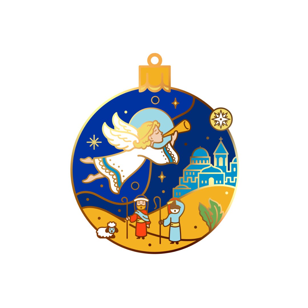 Nativity Enamel pin gift, ornament, bauble, keychain, fridge magnet, angel, trumpet, star, Bethlehem, Christmas, Tree