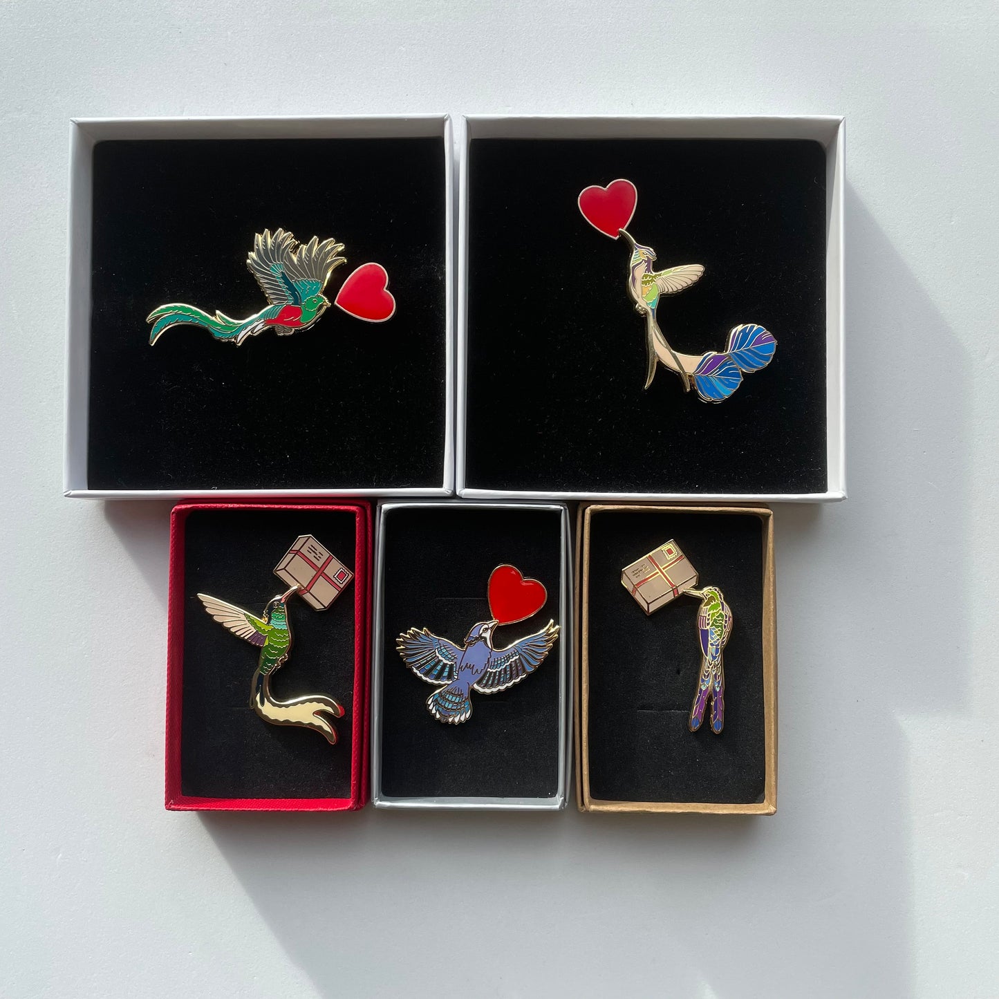 Birdie love note enamel pin set | Valentines Accessories | Grief loss support | Bird Love letter | Valentines gift | Quetzal | gift for dad