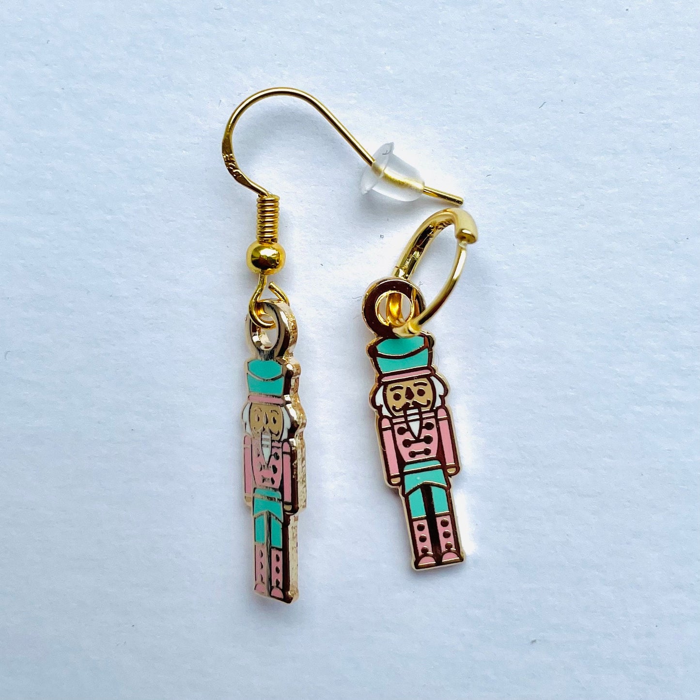 Pink Nutcracker earrings, minimalist, Huggies, hook, charm, 925 sterling silver, 18k gold, gift for her, pink and teal blue