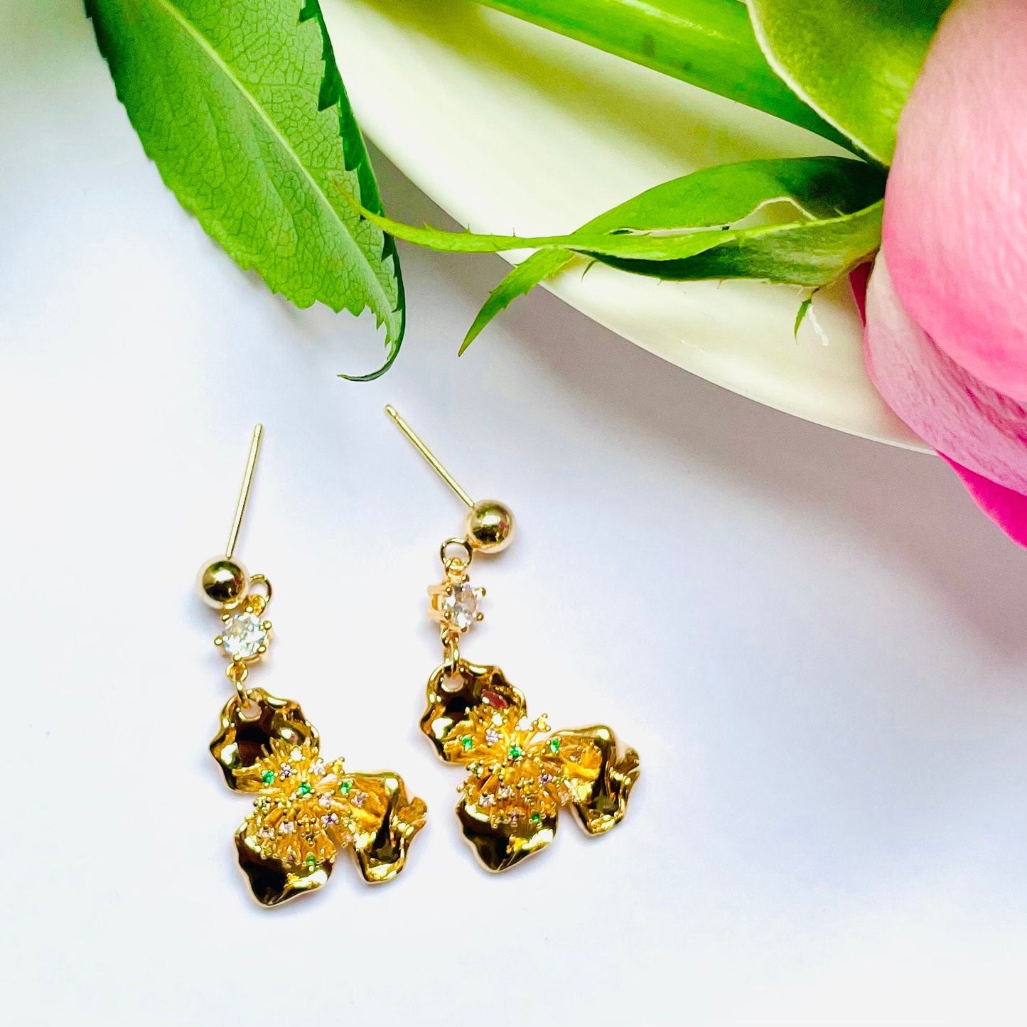 Clear stud flower colourful crystal dangle drop earrings