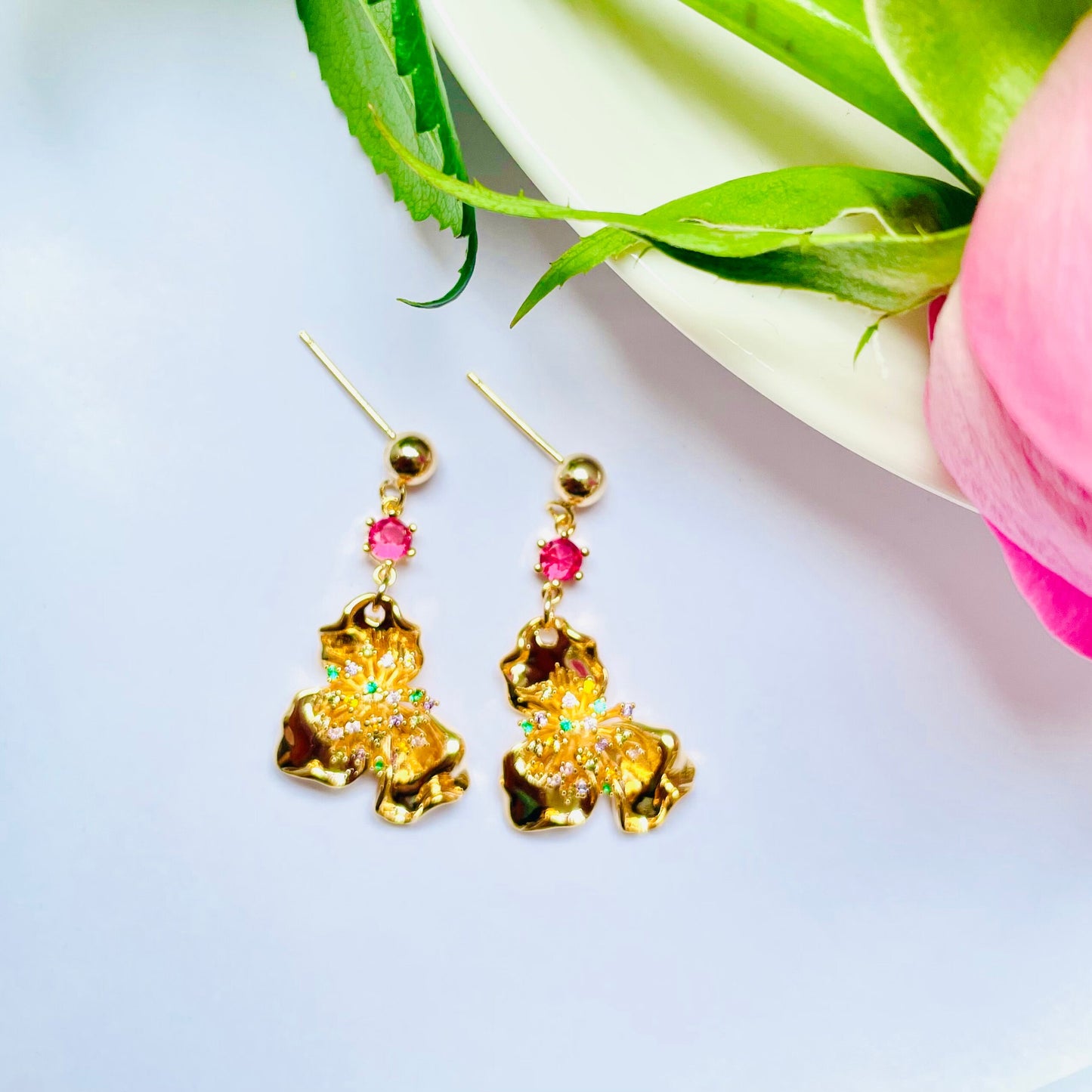 red stud flower colourful crystal dangle drop earrings