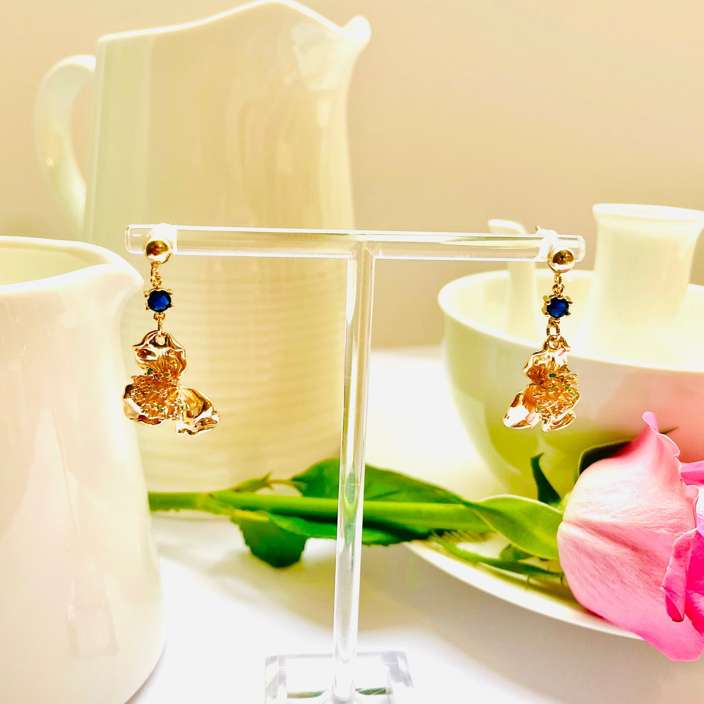 Flower blue stud dangle-drop gold earrings, Gifts under 30, Mothers Day Gift, Nature floral Gift, Flower child