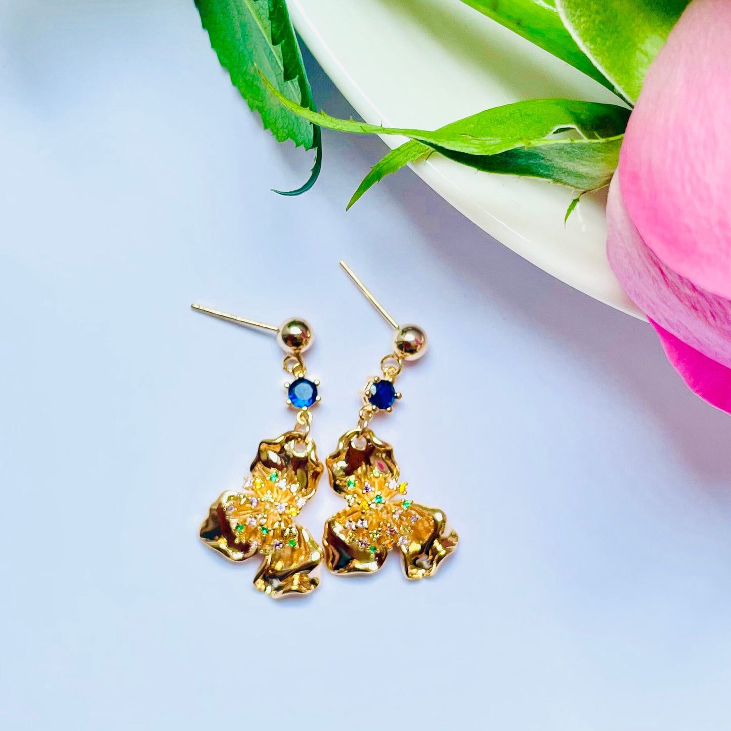 Blue stud flower colourful crystal dangle drop earrings