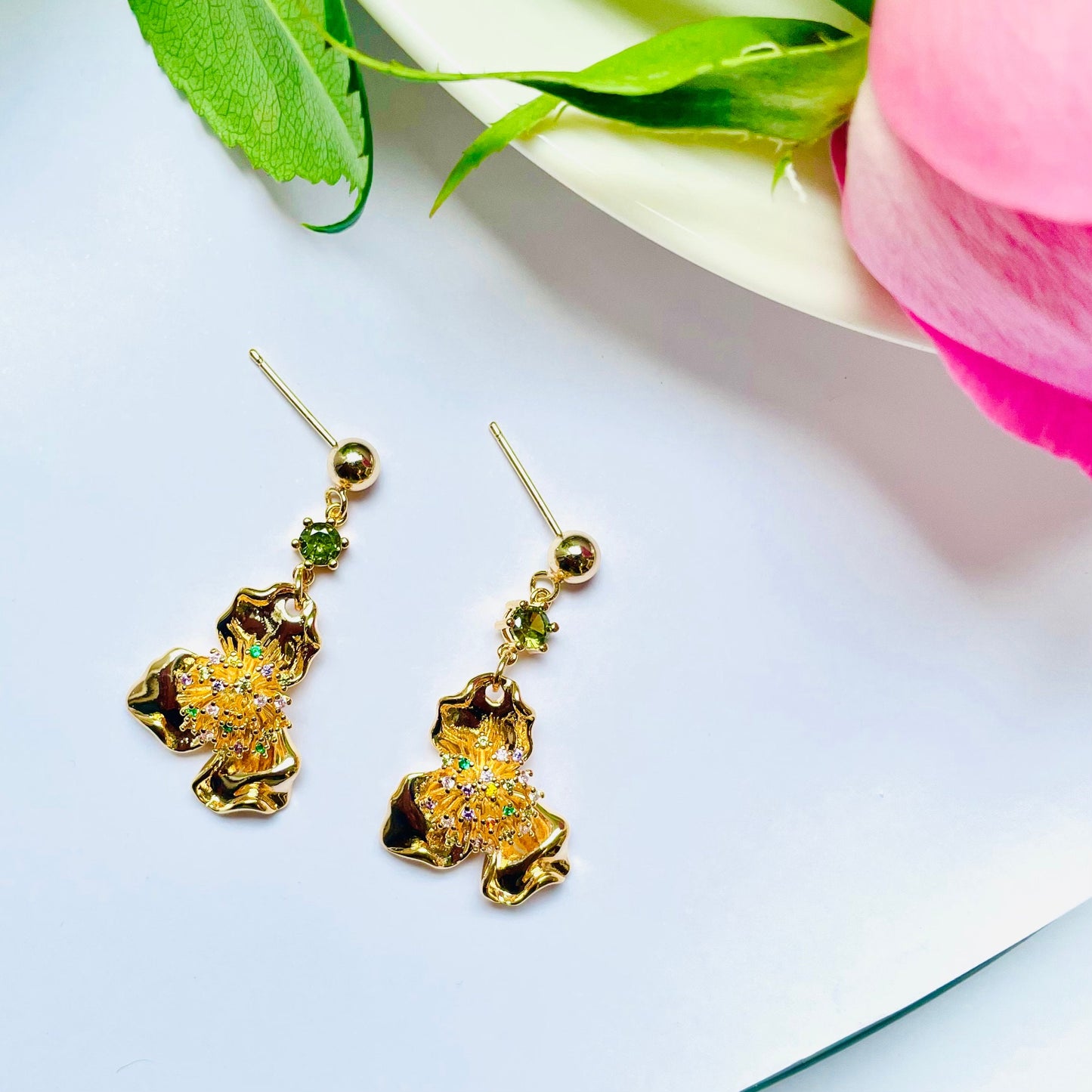 lime citrus stud flower colourful crystal dangle drop earrings