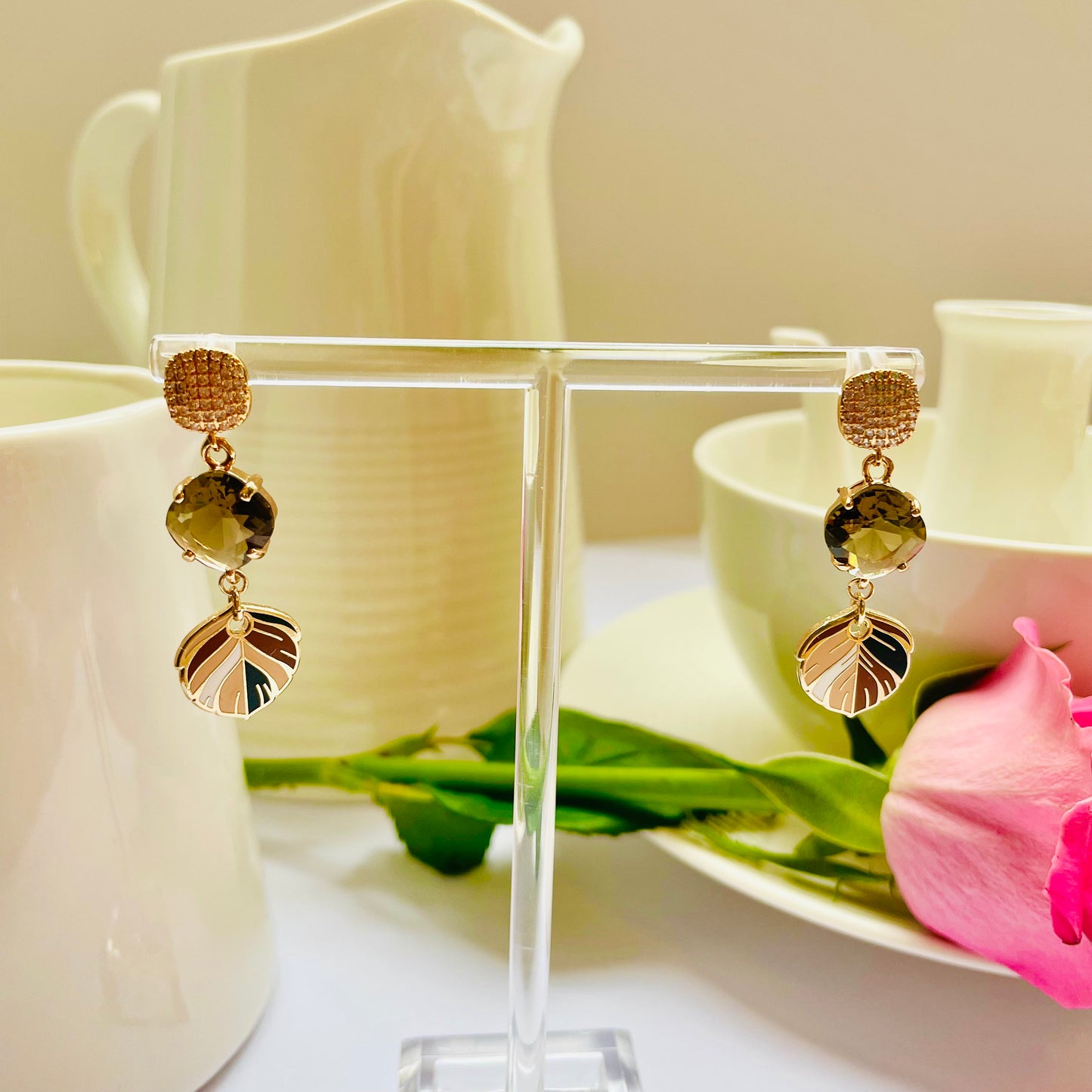 Mocha coffee cream dangle drop cubic zirconia gold feather earrings, Gifts under 30, Mothers Day Gift, Bird-themed jewelry, Nature Gift