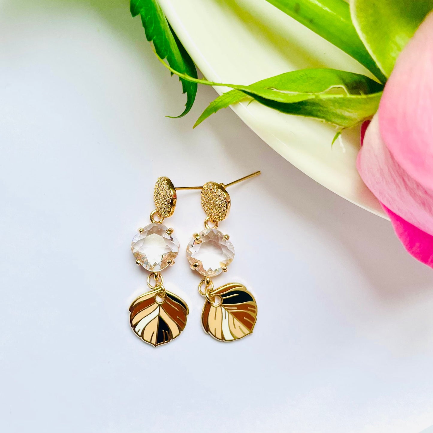 Mocha coffee cream dangle drop clear cubic zirconia gold feather earrings, Gifts under 30 Mothers Day Gift, Bird-themed jewelry, Nature Gift