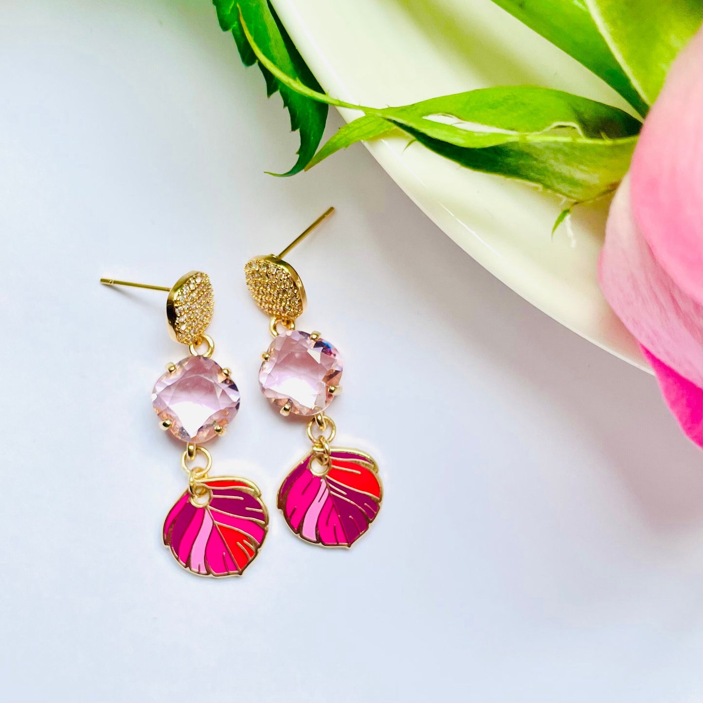 Red pendant Enamel feather stud dangle drop earrings