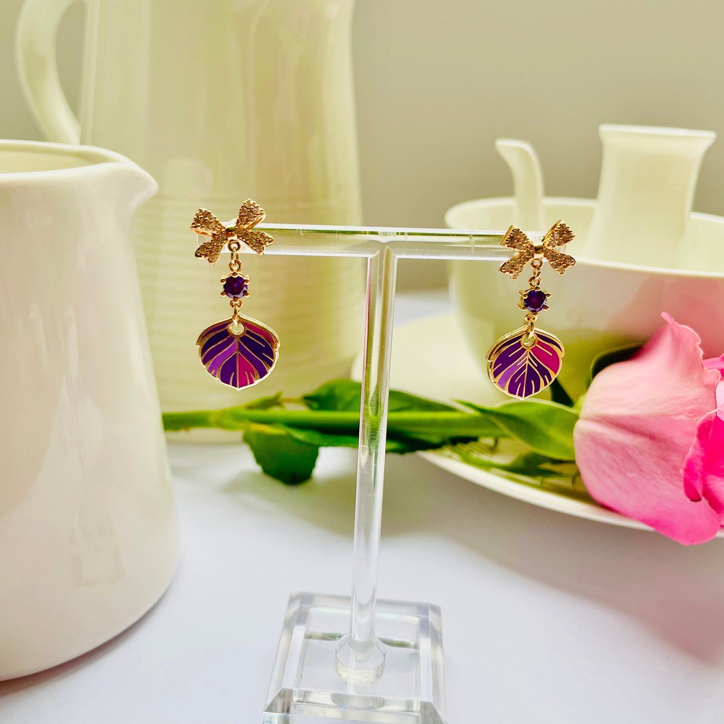 Sparkle bow Purple dangle drop cubic zirconia gold feather earrings, Gifts under 30, Mothers Day, Bird-themed jewelry, Nature Gift