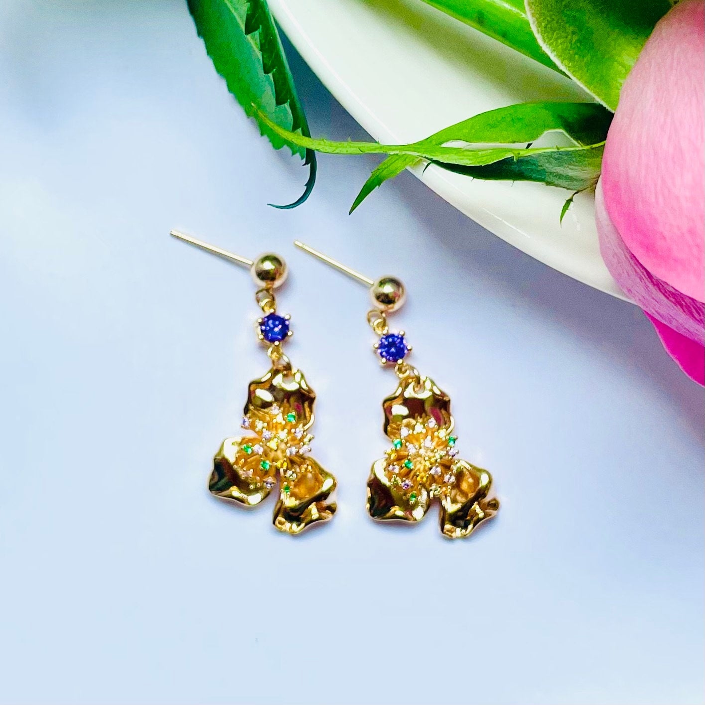 Flower purple stud dangle-drop gold earrings, Gifts under 30, Mothers Day Gift, Nature floral Gift, Flower child