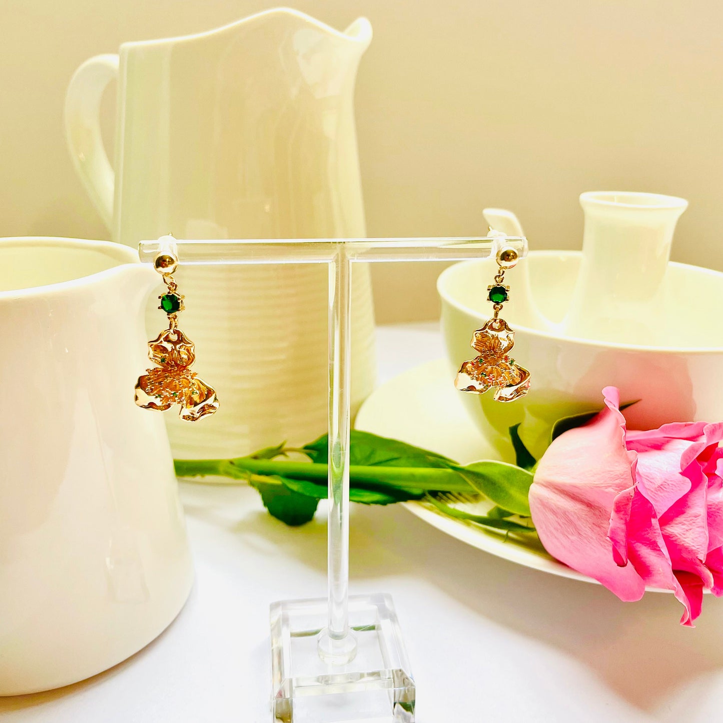 Flower green stud dangle-drop gold earrings, Gifts under 30, Mothers Day Gift, Nature floral Gift, Flower child