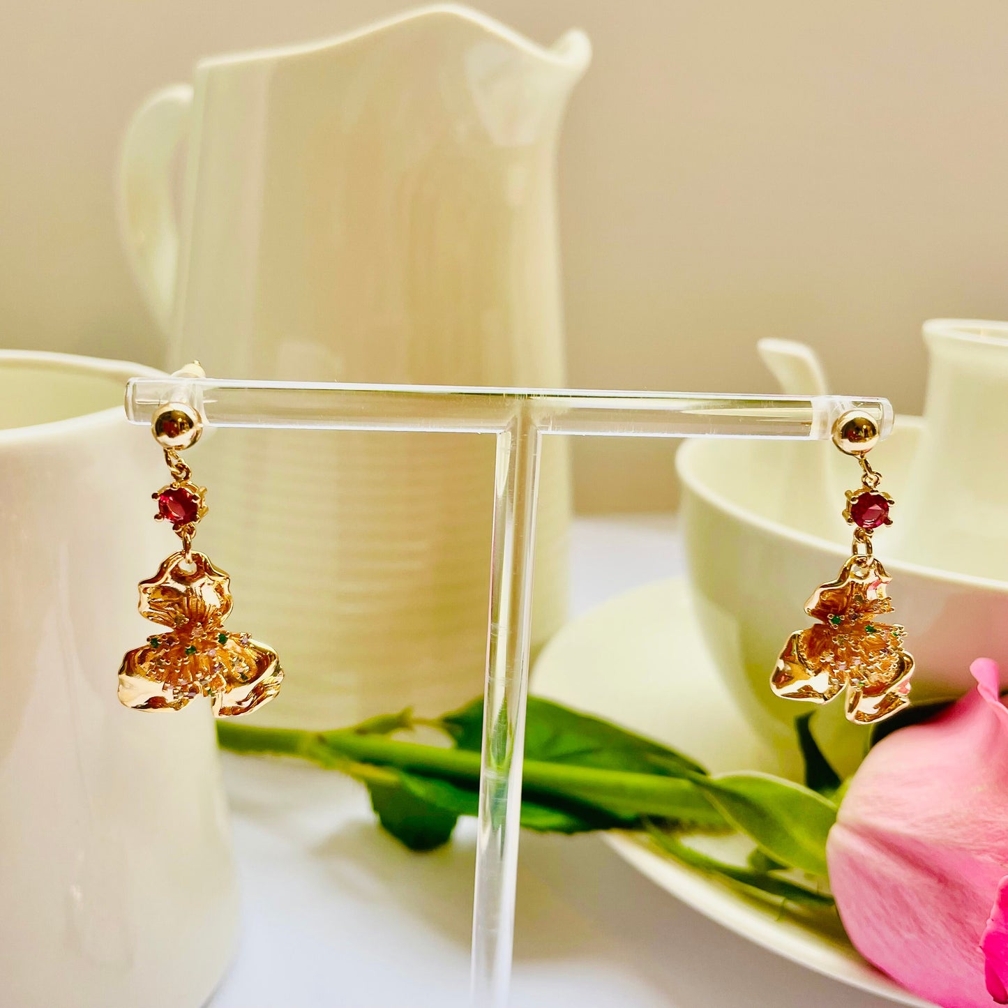 Flower red stud dangle-drop gold earrings, Gifts under 30, Mothers Day Gift, Nature floral Gift, Flower child