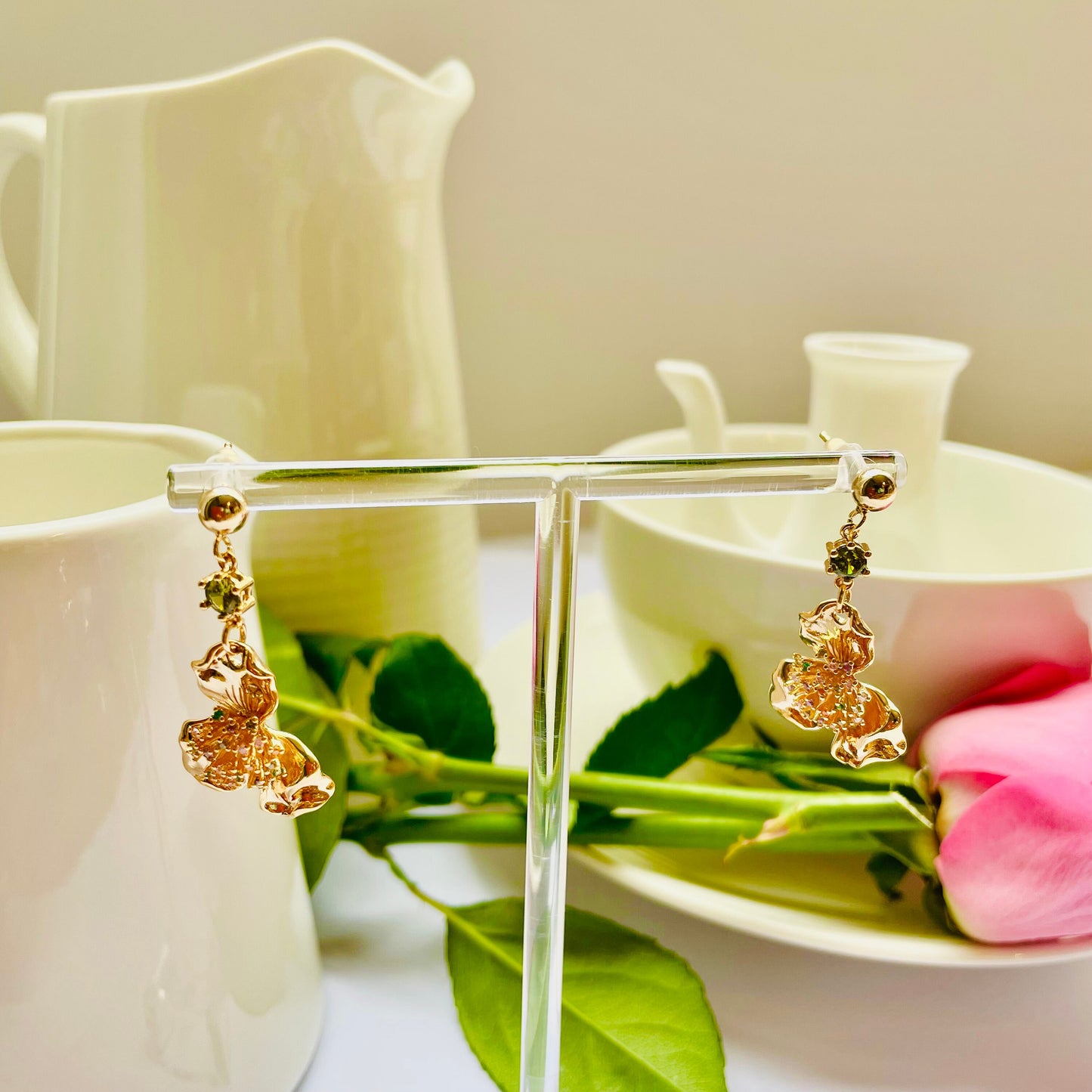 Flower lime citrus stud dangle-drop gold earrings, Gifts under 30, Mothers Day Gift, Nature floral Gift, Flower child