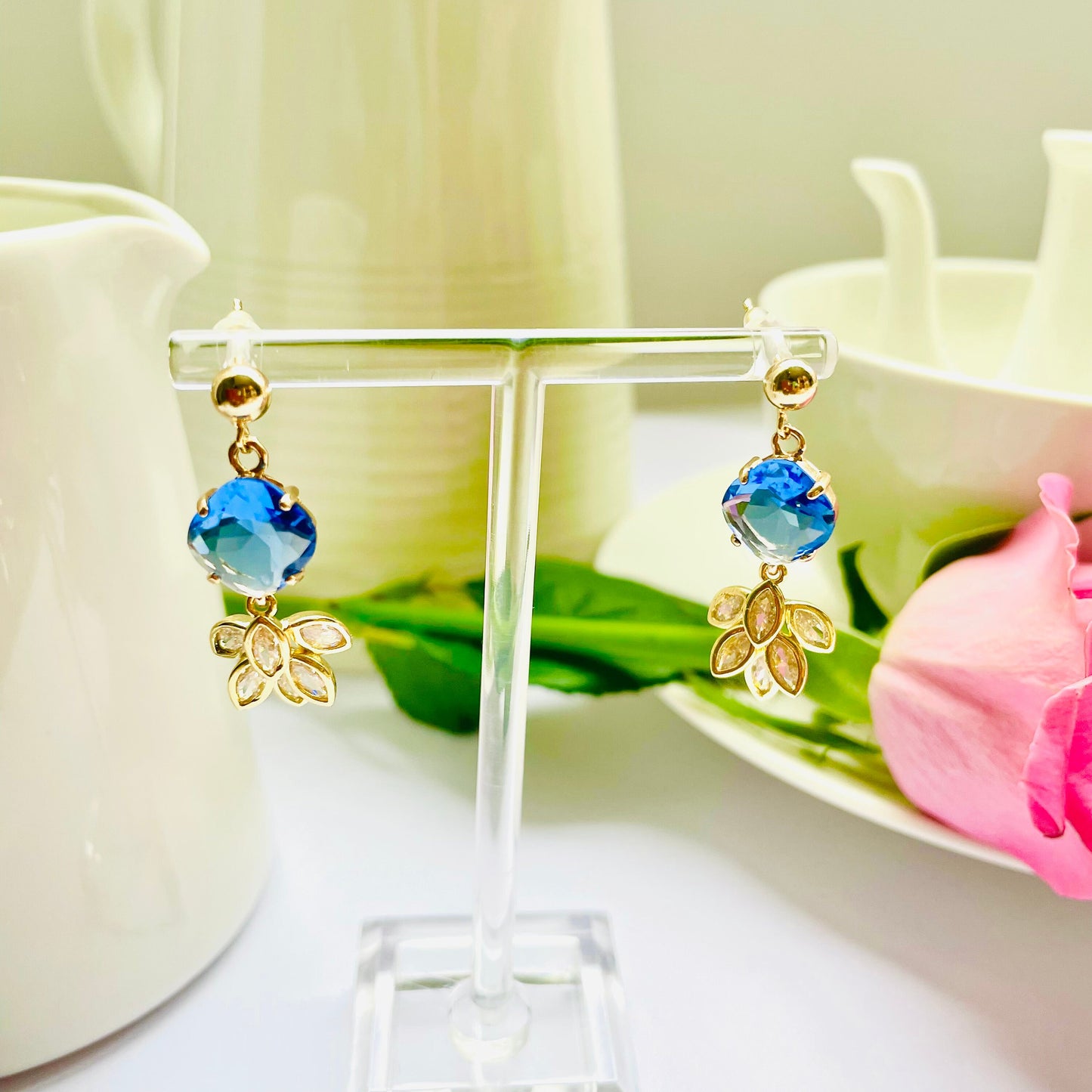 Blue feather dangle drop cubic zirconia gold crystal earrings, Gifts under 30, Mothers Day Gift, Bird-themed jewelry, Nature Gift