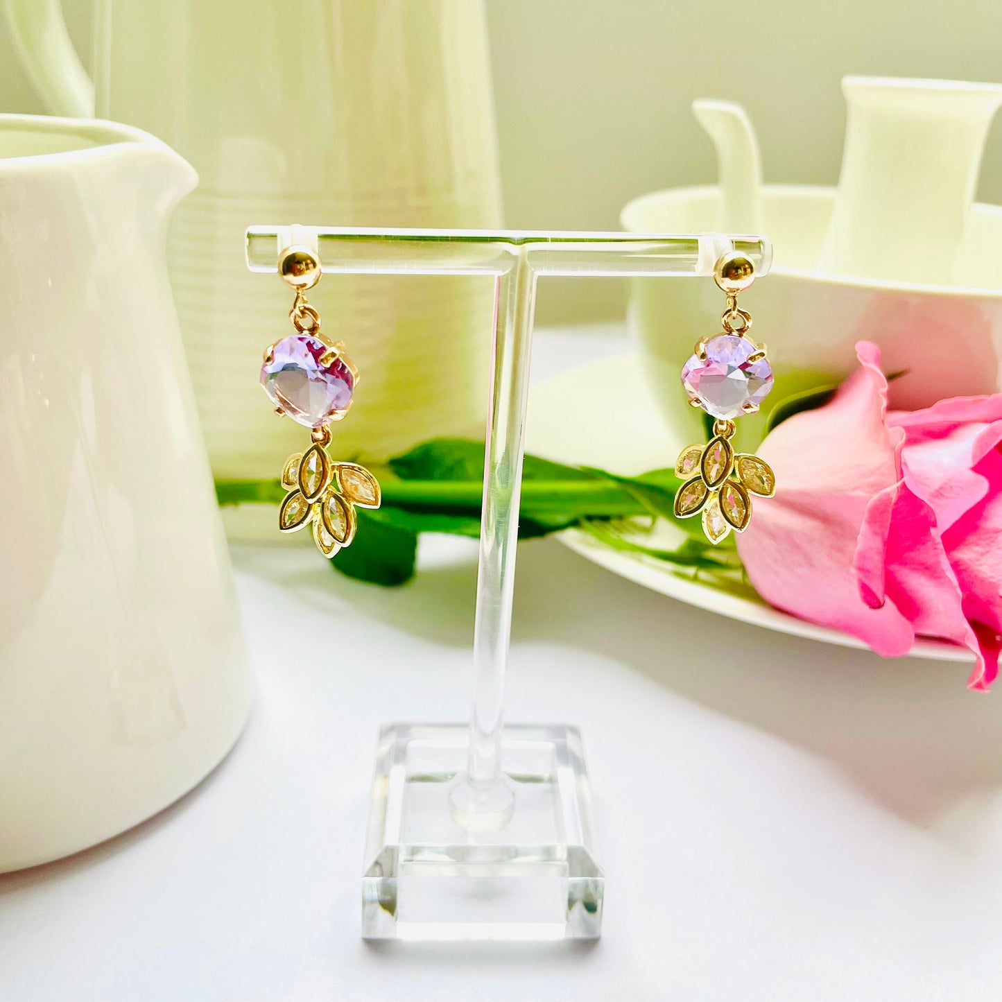 Purple feather dangle drop cubic zirconia gold crystal earrings, Gifts under 30, Mothers Day Gift, Bird-themed jewelry, Nature Gift