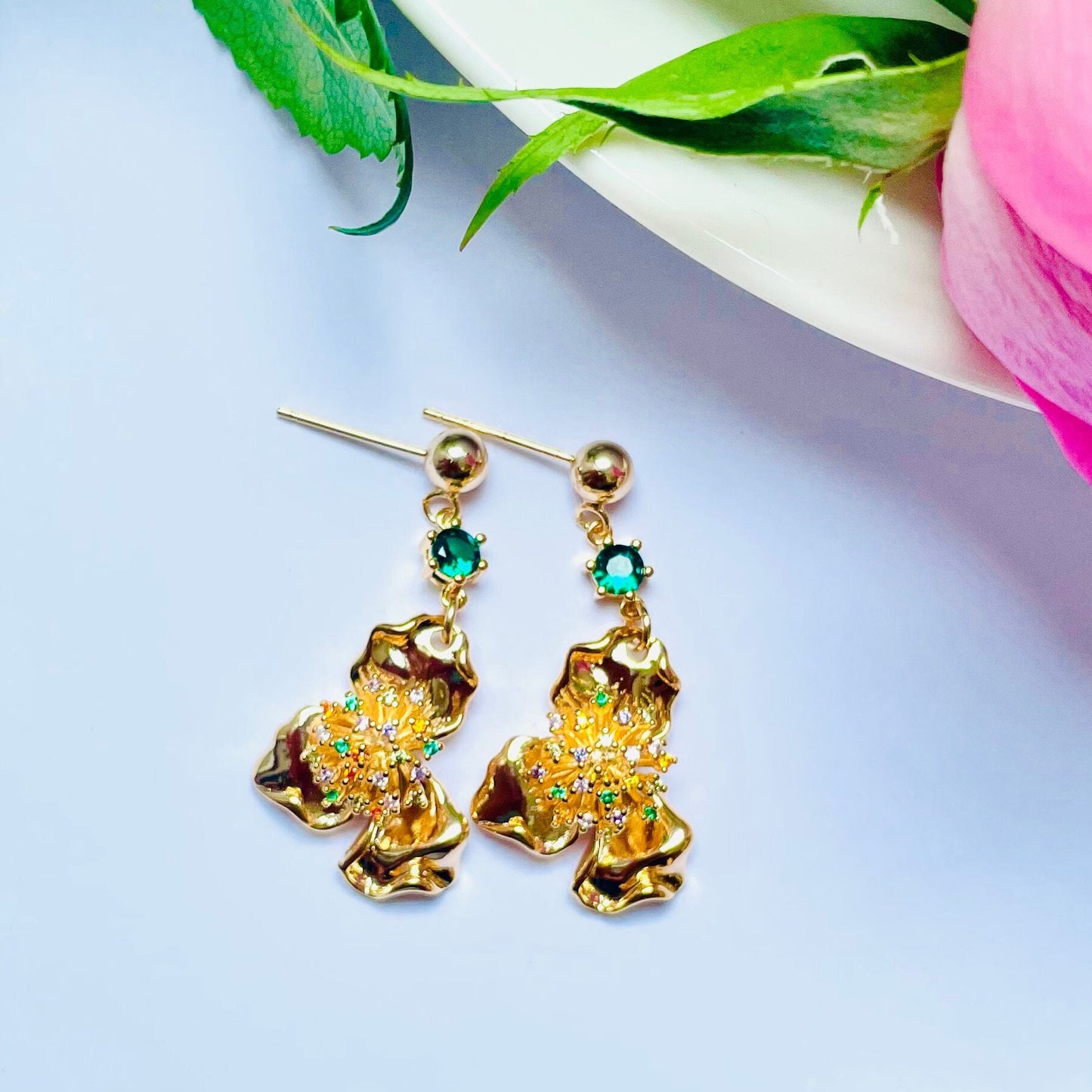 green stud flower colourful crystal dangle drop earrings