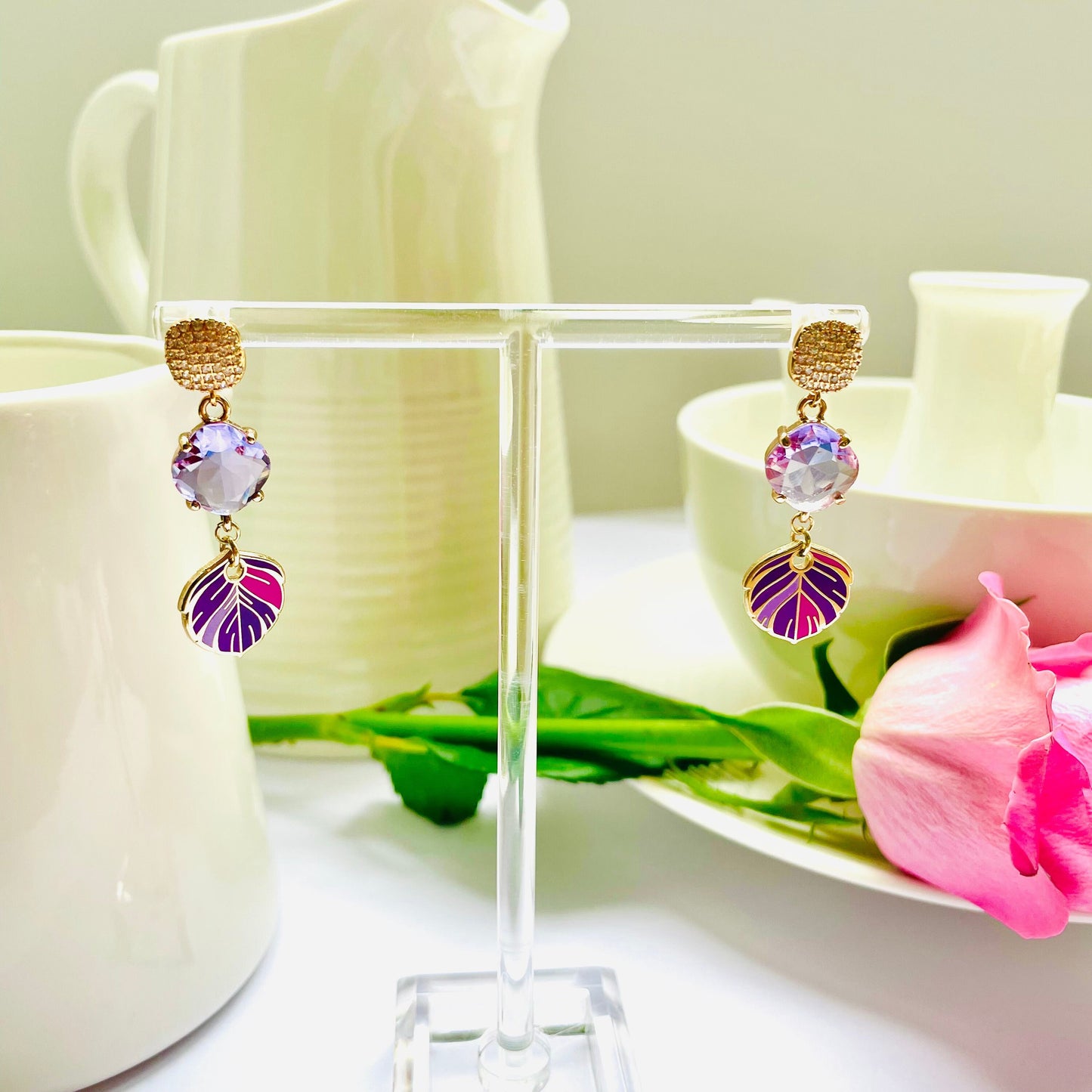 Purple dangle drop cubic zirconia gold feather earrings, Gifts under 30, Mothers Day Gift, Bird-themed jewelry, Nature Gift