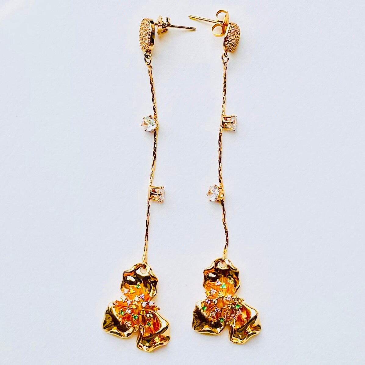 Crystal flower stud dangle drop cubic zirconia gold earrings, Gifts under 30, Mothers Day Gift Bird-themed jewelry, Nature Gift,