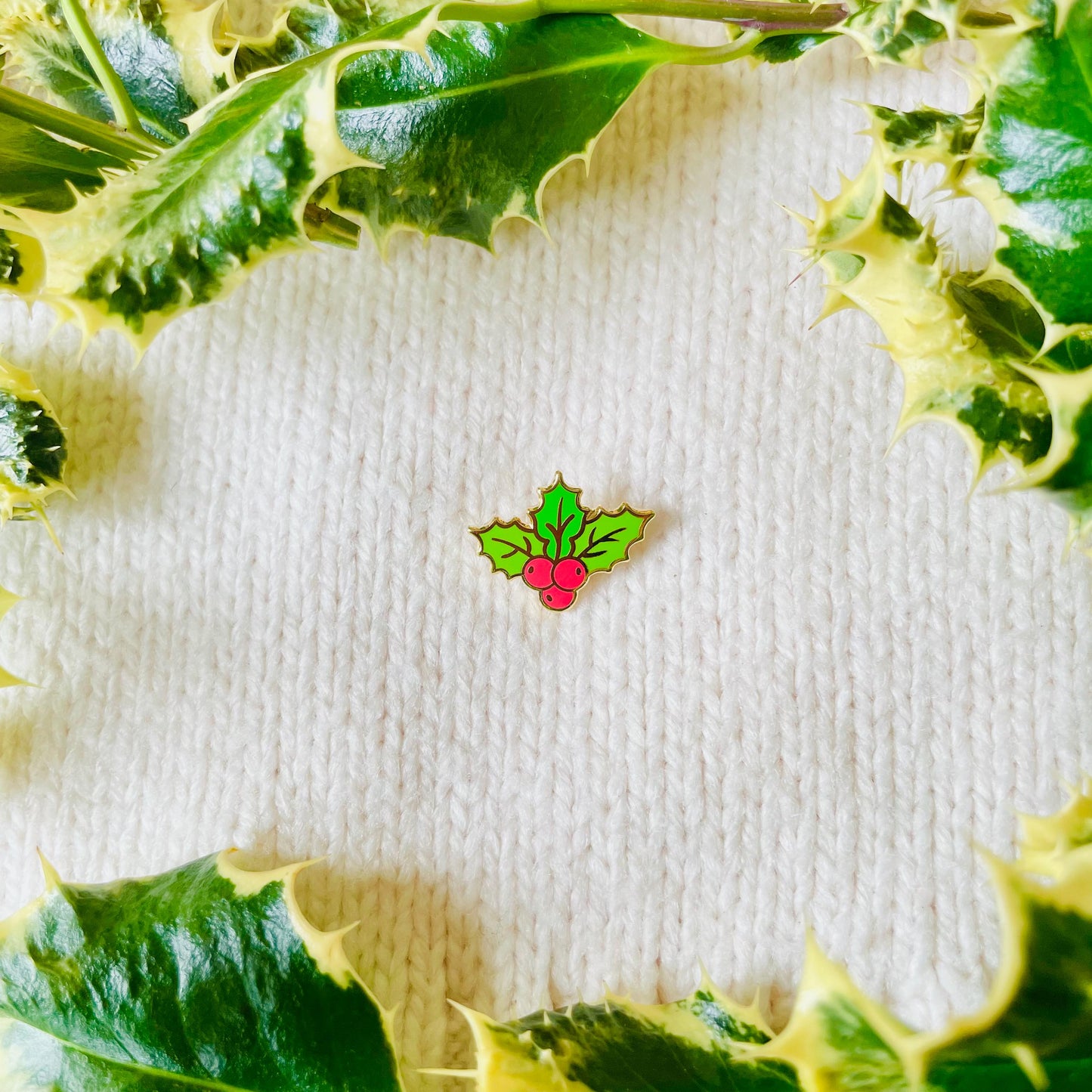 Green Holly leaves with red berries Christmas enamel pin badge