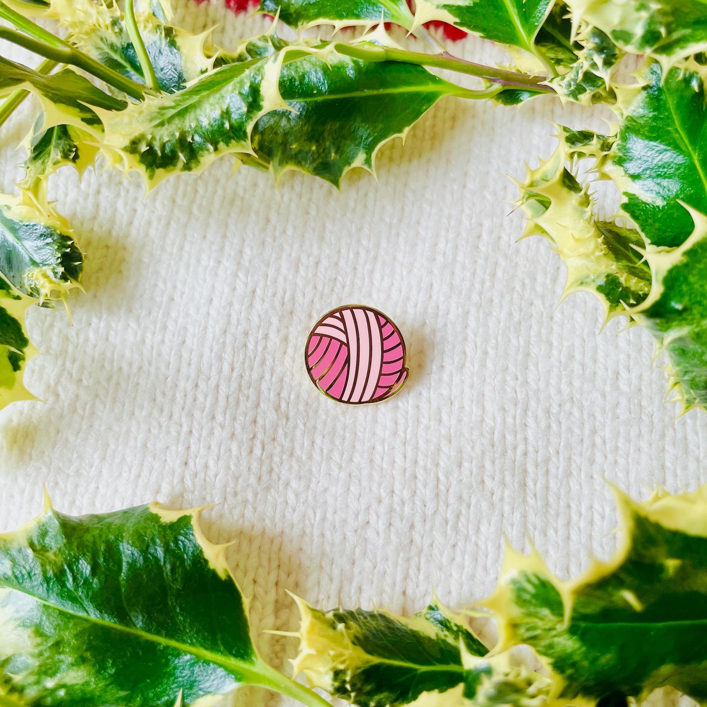 Pink ball of wool yarn gold hard enamel mini pin