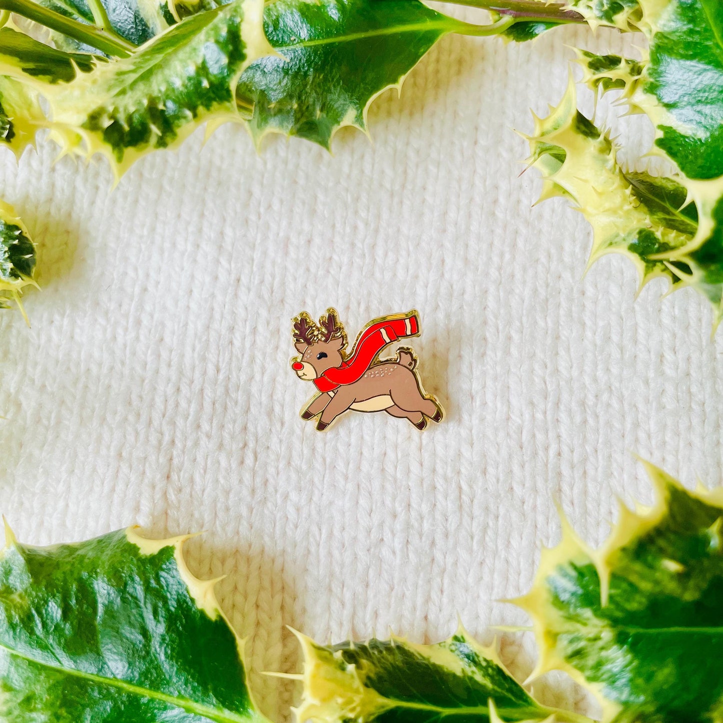Red nose Christmas reindeer with red scarf gold hard enamel mini pin badge
