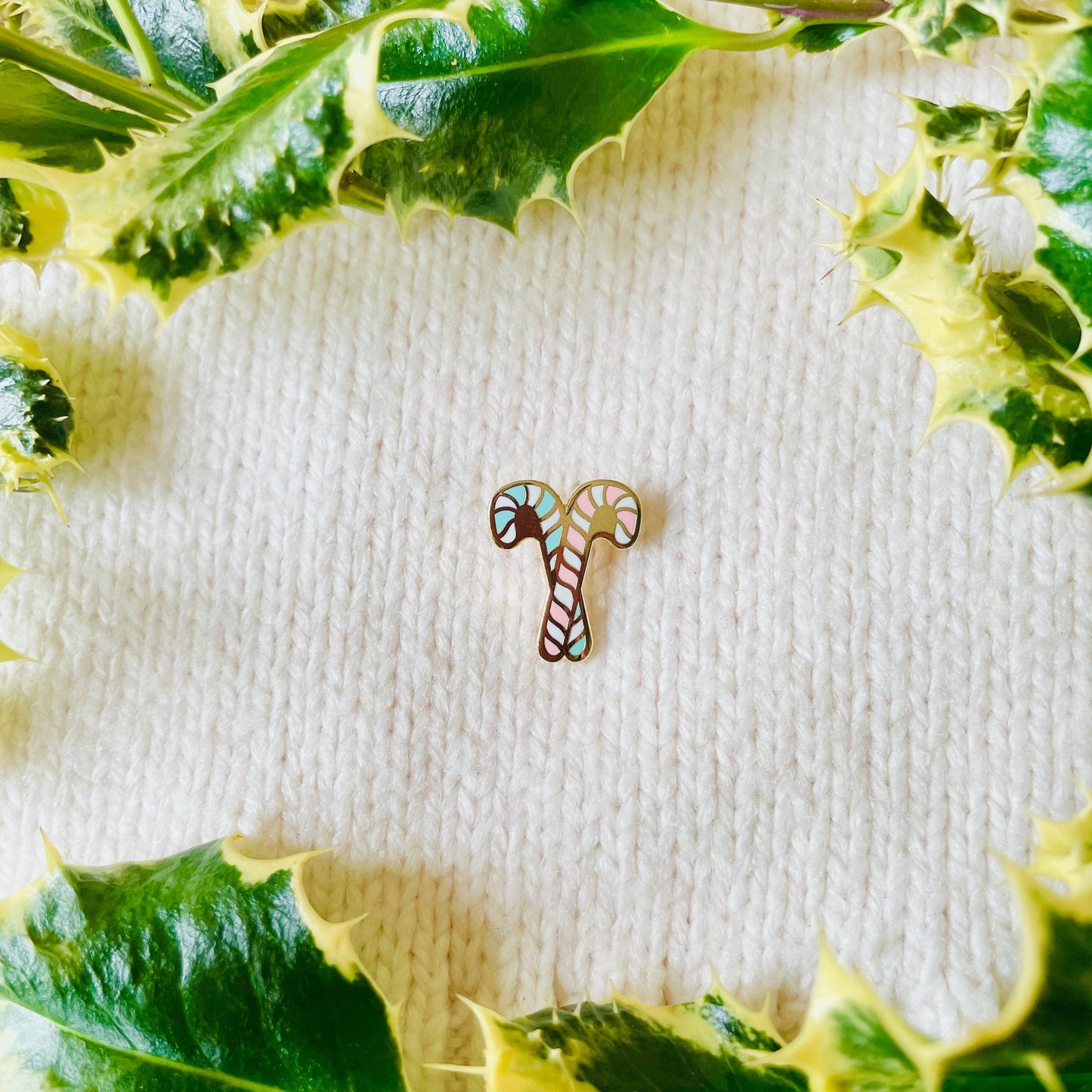 Pink and blue and white striped candy canes gold hard enamel pin badge