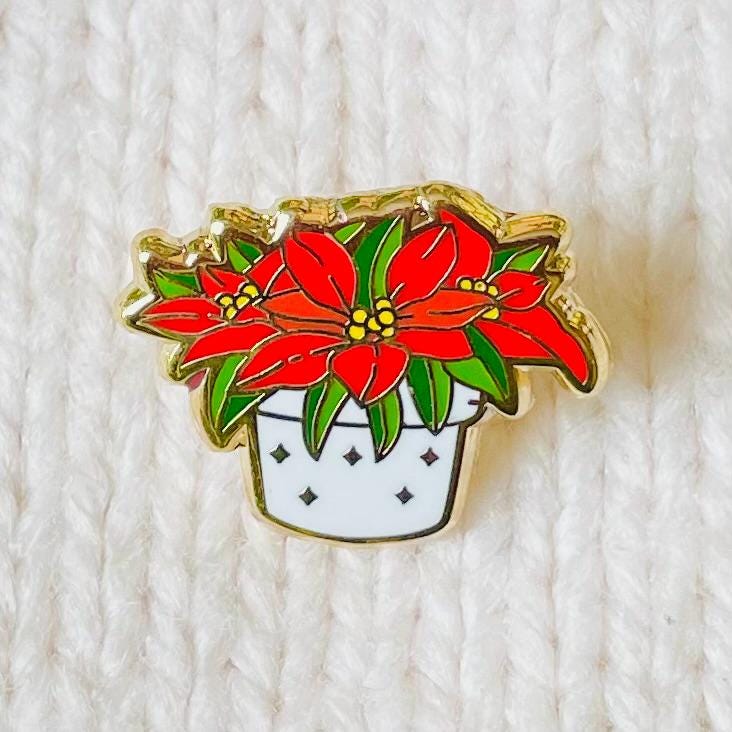 Poinsettia in white plant pot gold hard enamel mini pin badge