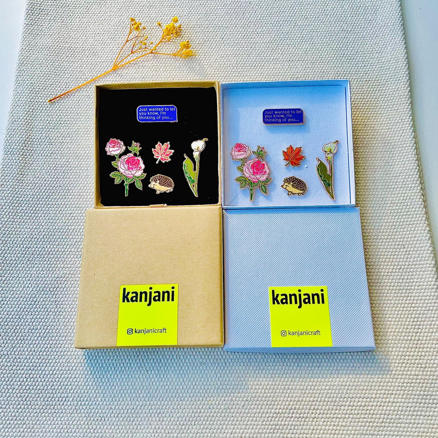 sympathy Gift box of flowers rose calla Lily maple leaf hedgehog thinking of you text sms gold hard enamel pins