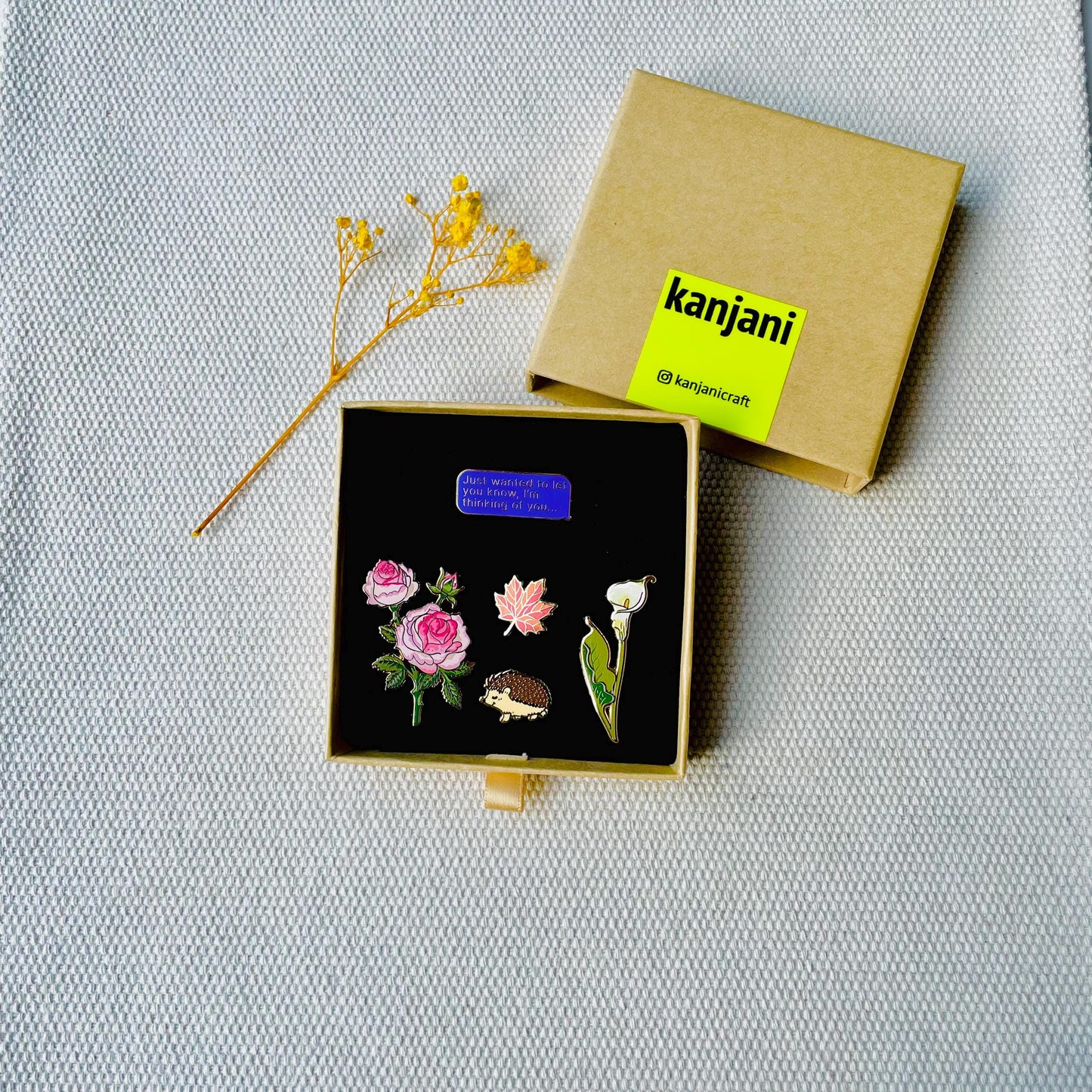 sympathy Kraft Gift box of flowers rose calla Lily maple leaf hedgehog thinking of you text sms gold hard enamel pins