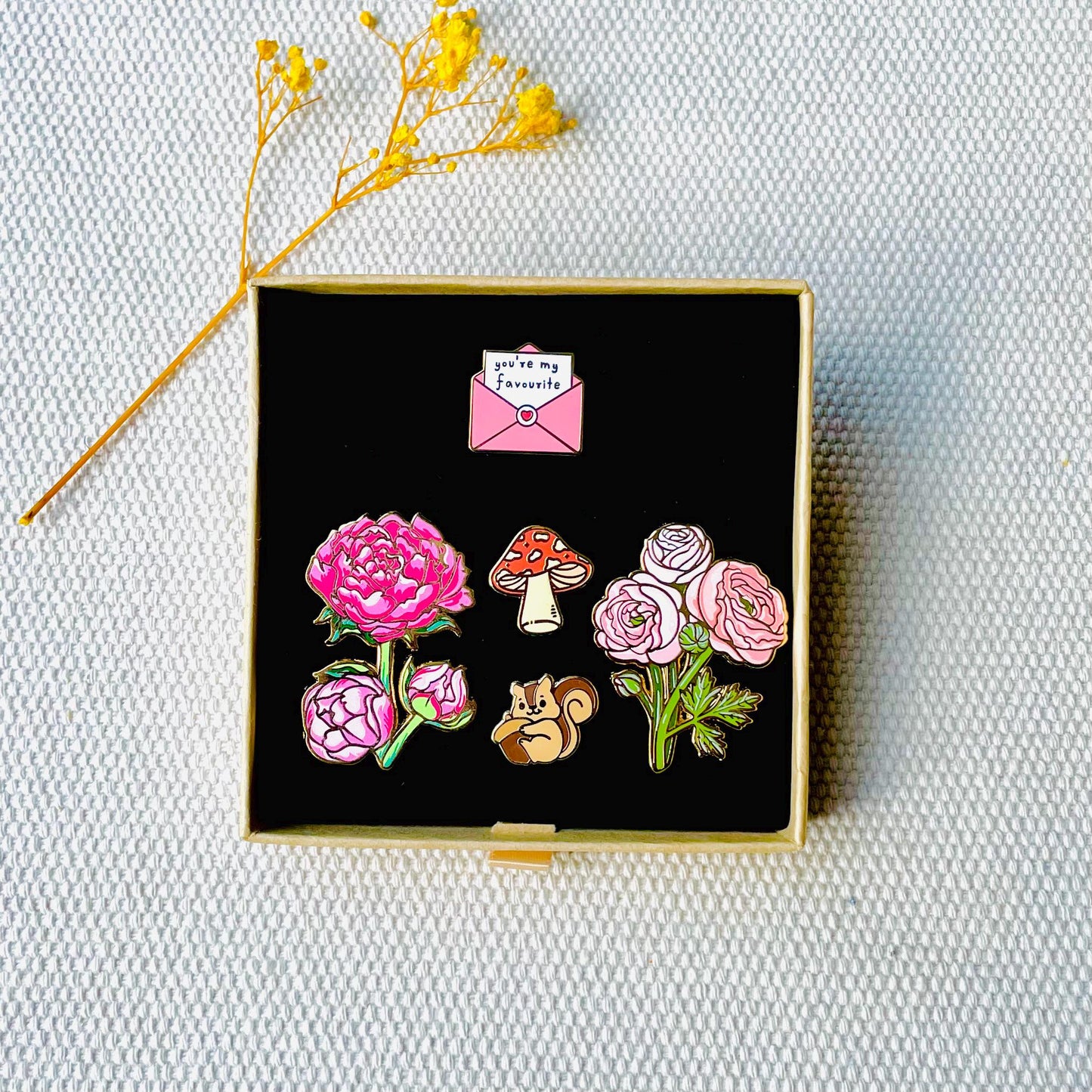 You’re my favourite letter, flowers pink peony, ranunculus buttercup, fly agaric mushroom, chipmunk squirrel with acorn, gold hard enamel pins Kraft gift box