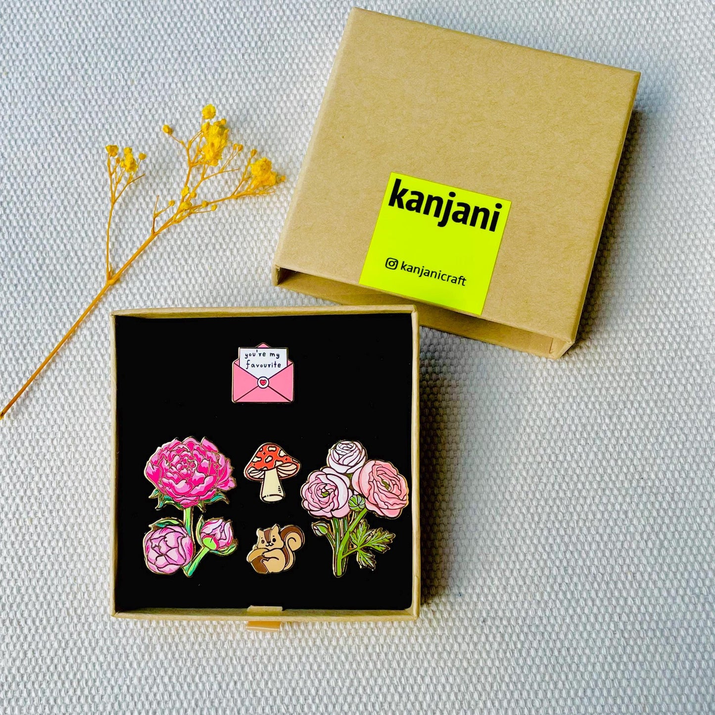 You’re my favourite letter, flowers pink peony, ranunculus buttercup, fly agaric mushroom, chipmunk squirrel with acorn, gold hard enamel pins Kraft gift box