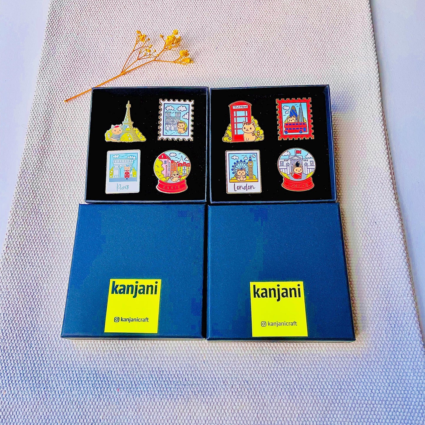 London Enamel pin gift box, travel souvenir, Big Ben, London Eye, Red Phone box, double decker,