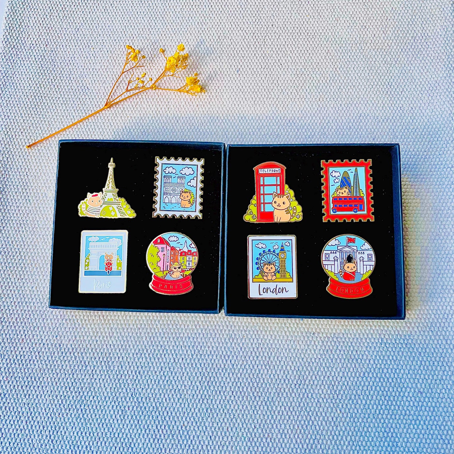 Paris scenes travel Enamel pin gift box, Eiffel Tower, Notre Dame, Arc de Triomphe, Rue de L’Abreuvoir, Sacre Couer, Travel Souvenir gift,