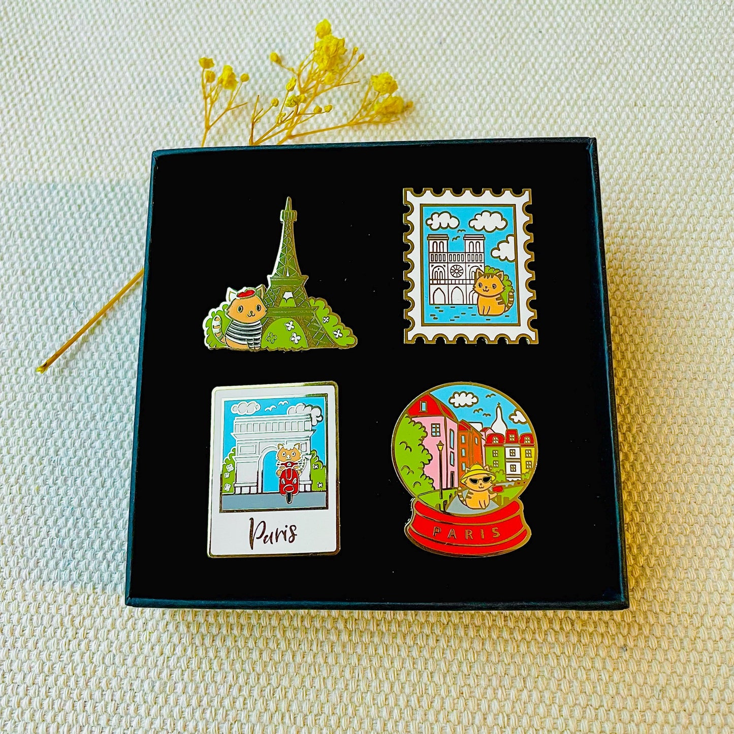 Paris scenes travel Enamel pin gift box, Eiffel Tower, Notre Dame, Arc de Triomphe, Rue de L’Abreuvoir, Sacre Couer, Travel Souvenir gift