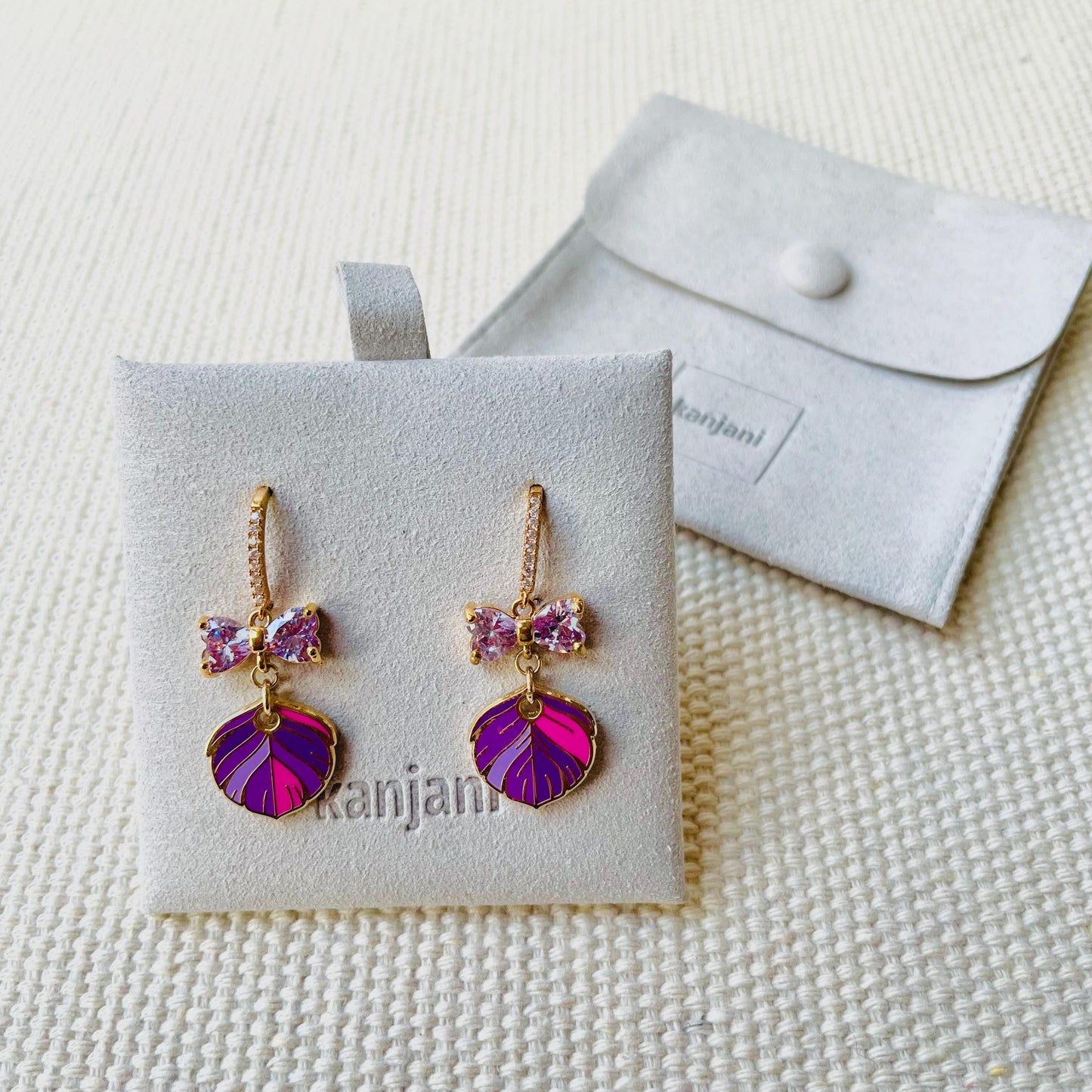 Purple feather gold earrings, statement Christmas earring gift, fun dangle drop hook, crystal Bow, Bird-themed jewelry, Gift for her, charms