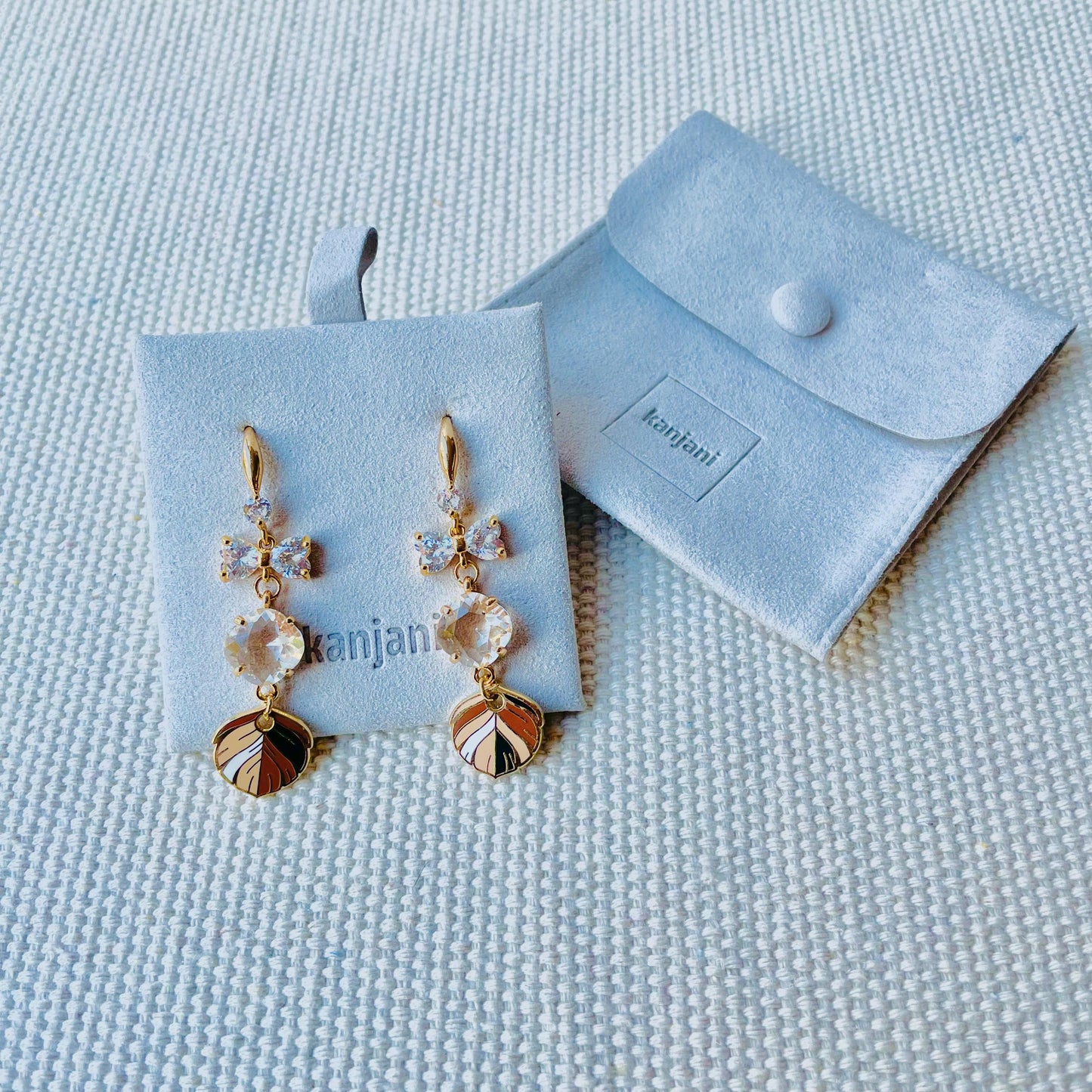 Mocha cream caramel fun gold statement Christmas feather earrings, crystal Bow, dangle drop, Gift for her, Bird-themed jewelry, triple charm