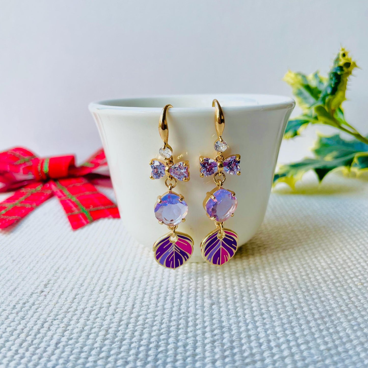 Purple triple pendant cubic zirconia enamel feather dangle drop earrings