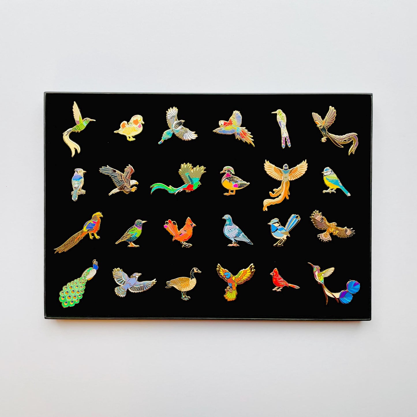 24 bird gold hard enamel pins in a black gift box, quetzal, pigeon, magpie, macaw, blue jay,Cardinal, hummingbird, wood duck, mandarin, peacock