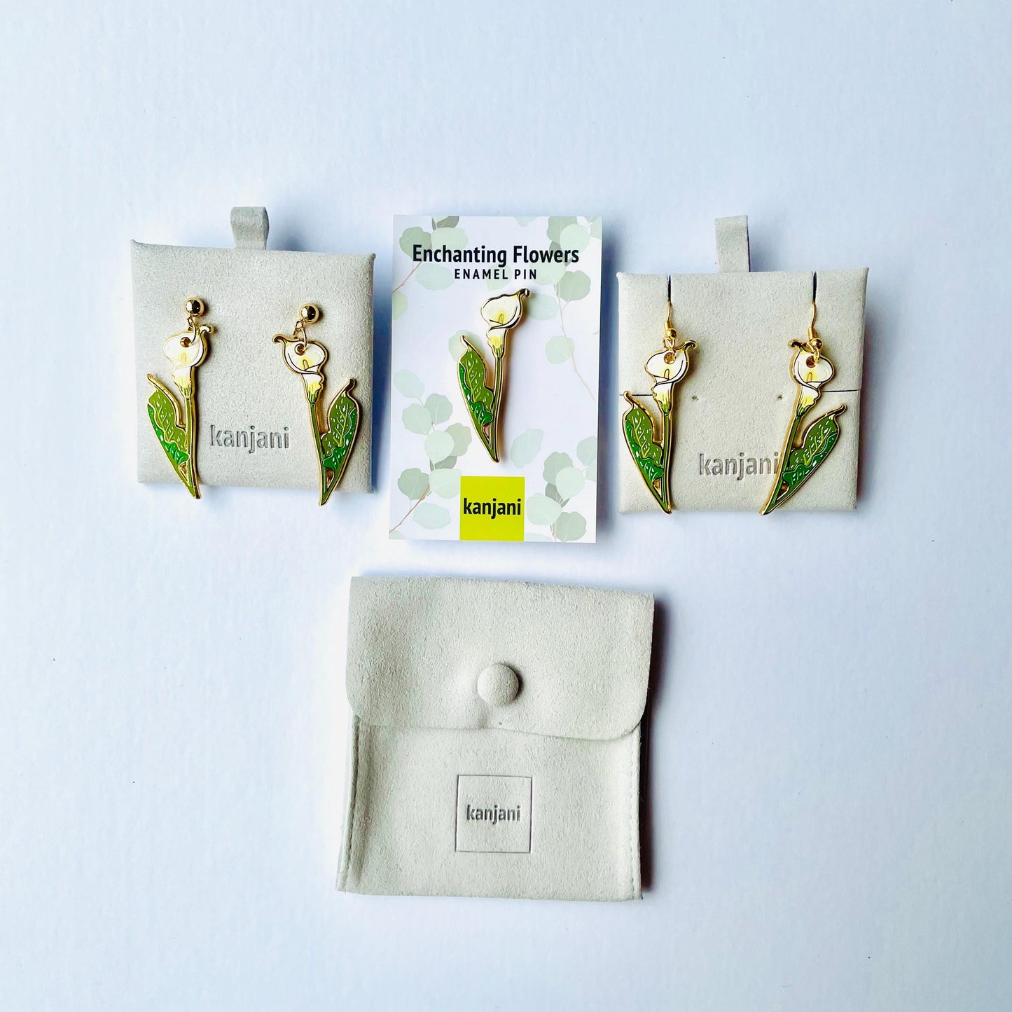 Calla Lily hook and stud gold hard enamel earrings and pin