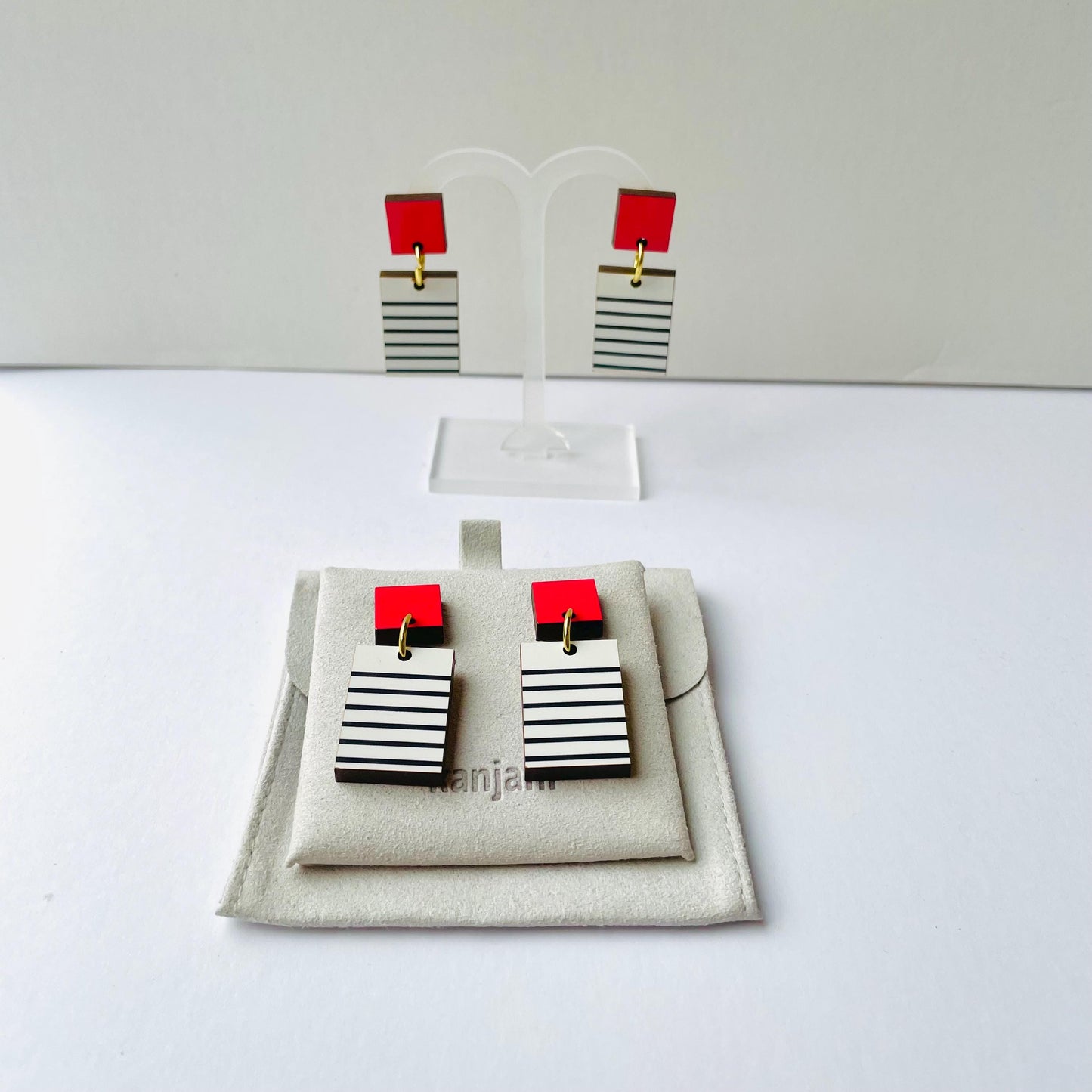 white and red geometric Breton earrings, rectangle minimalist design, wood earrings