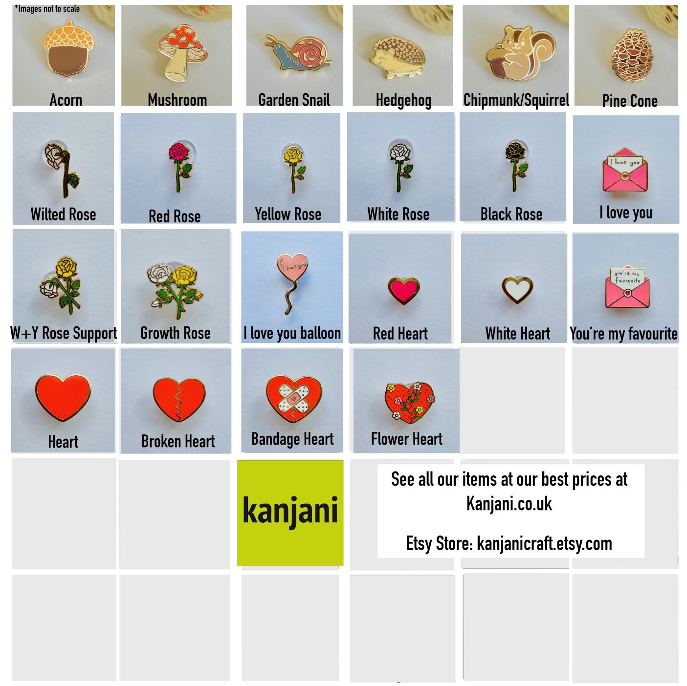 a collection of various pin designs, including acorns, mushrooms, garden snails, hedgehogs, chipmunk/squirrels, pine cones, withered roses, red roses, yellow roses, white roses, black roses, and a heart. The pin designs are diverse and include elements like flowers, hearts, and other decorative motifs.