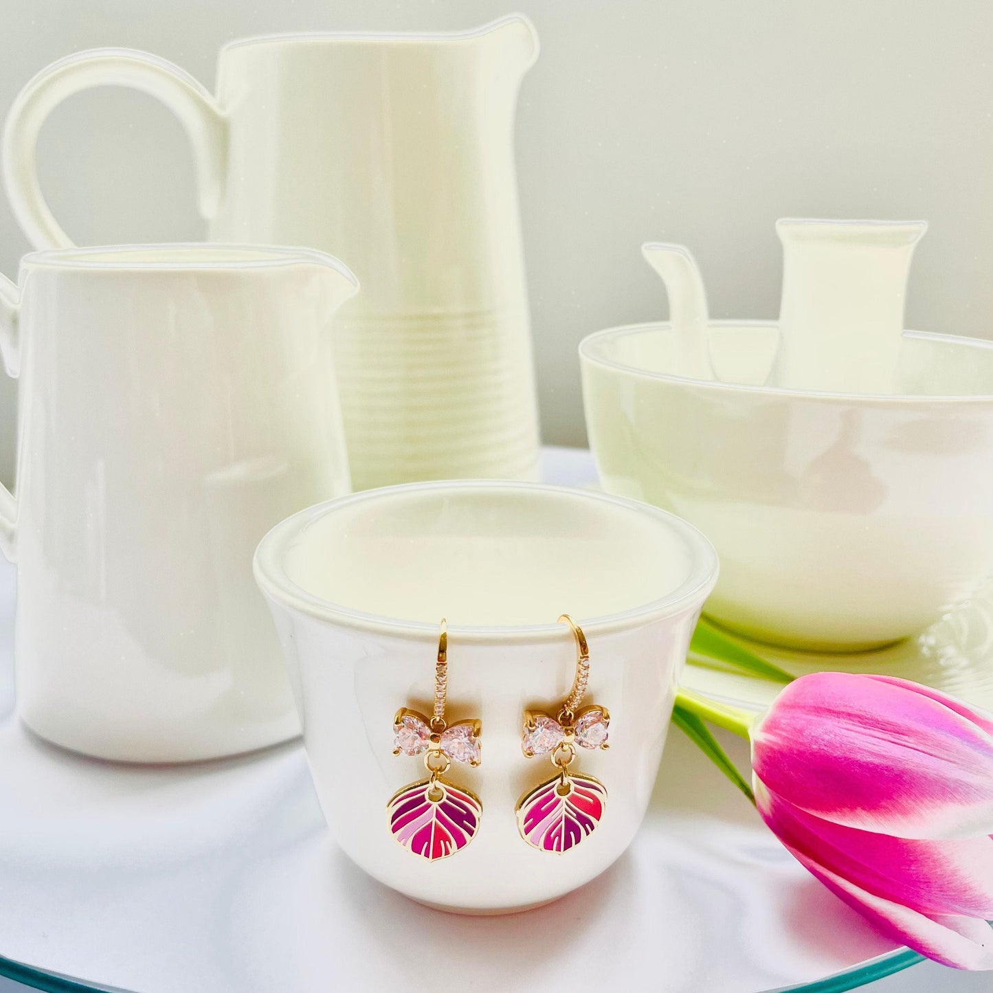 Pink Feather Drop Earrings - Gold Plated with Crystal Cubic Zirconia, Advent calendar