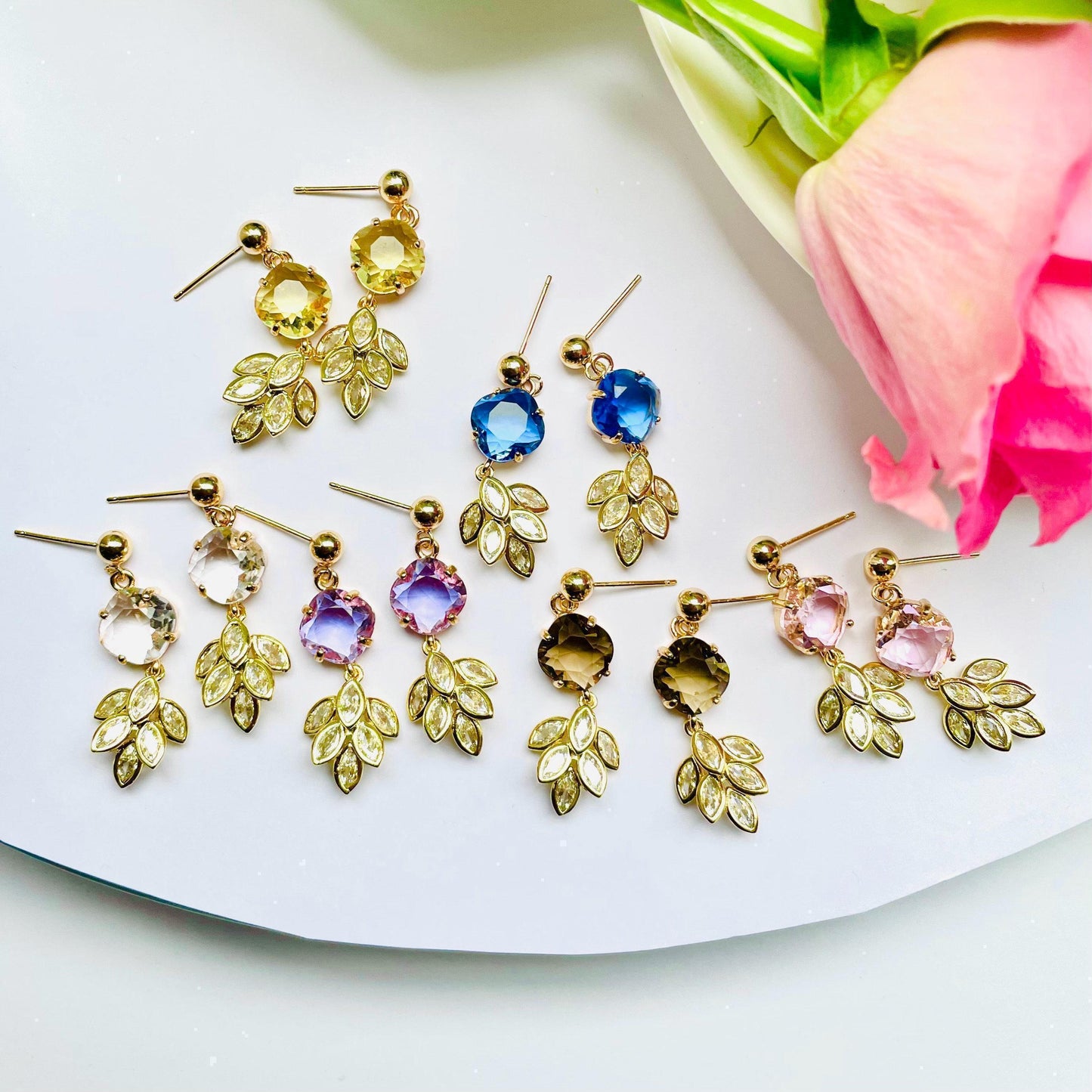 Dangle Earrings: Blue Feather with Cubic Zirconia - Gold Plated, Advent calendar