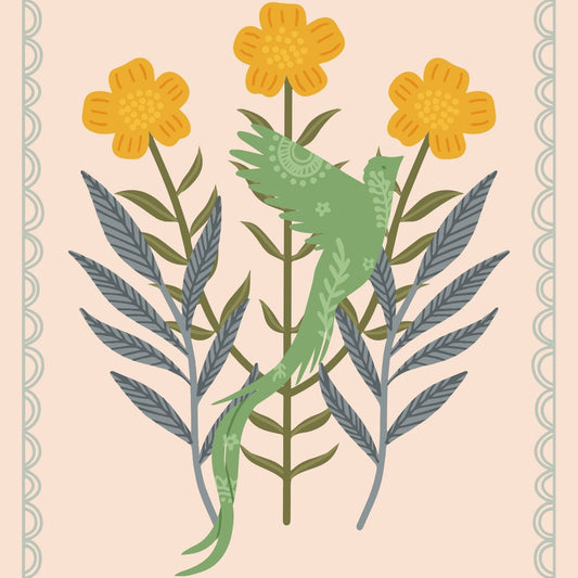 Quetzal Greeting Card | Scandi Folk Art | Thanksgiving | Folksy | Wildflowers