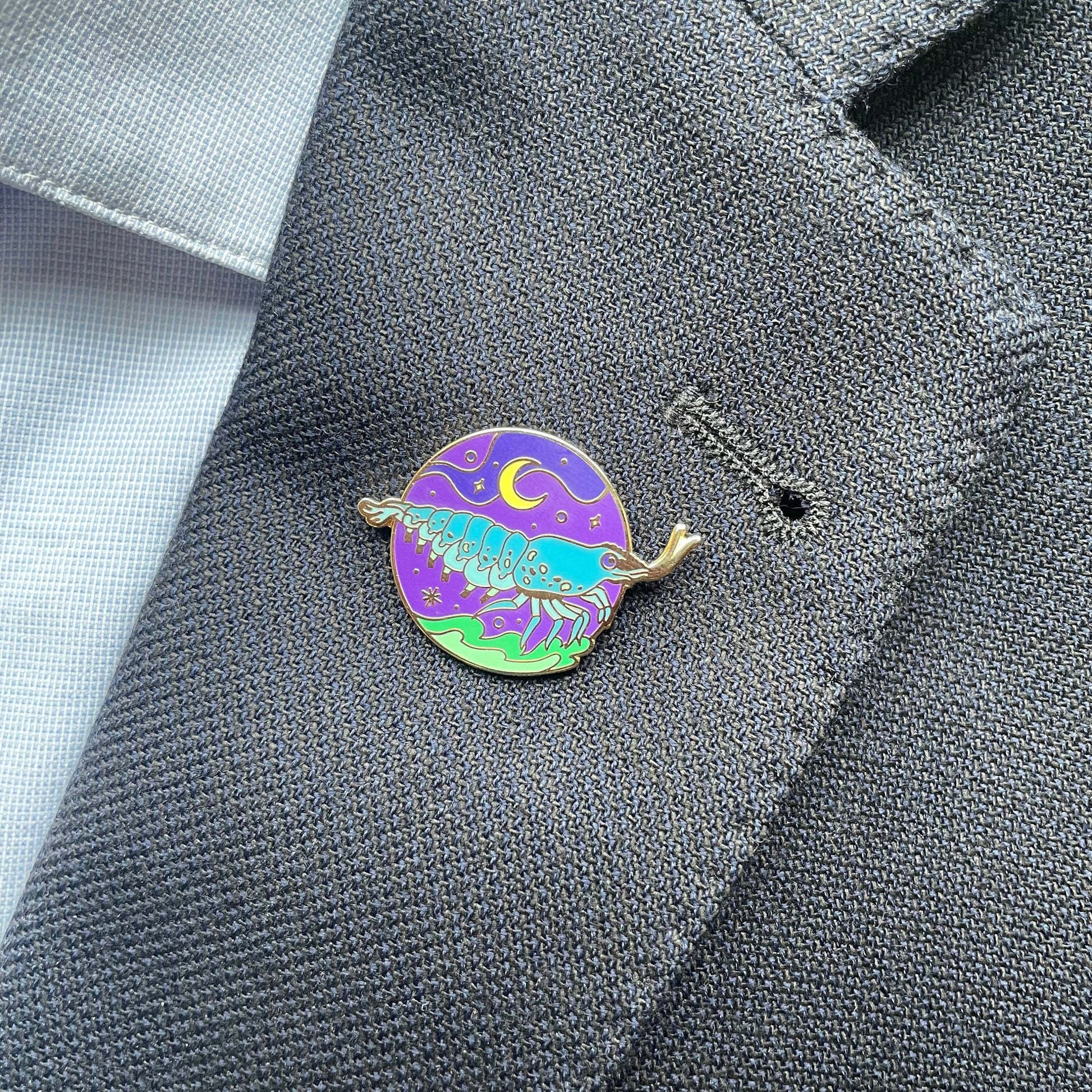 Blue Shrimp Enamel Pin badge, sea witch creatures badge, prawn, lunar sea, cosmic, gift for her, nautical gift, nature, marine, neon