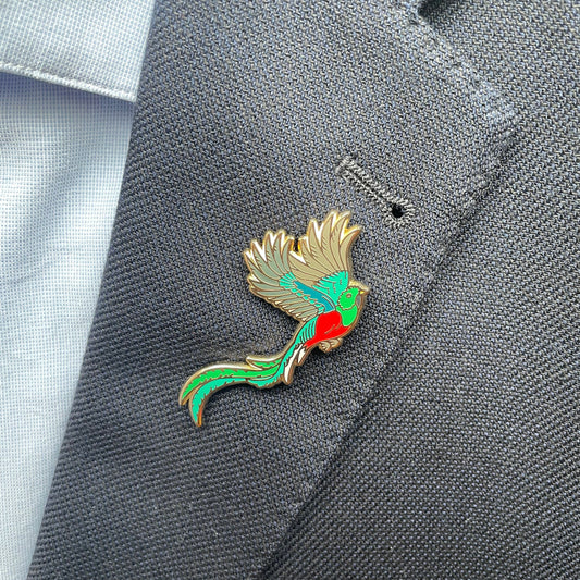 Quetzal Enamel pin gift. Resplendent bird lapel badge.